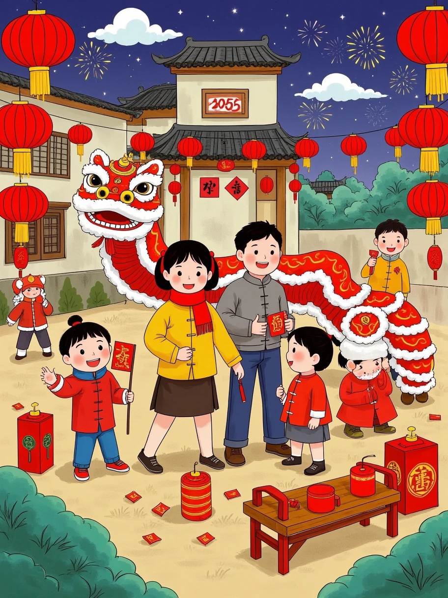 The snake bends into the numbers "2025," a family of four,creating a Chinese New Year atmosphere. This illustration adopts a flat and colorful style with geometric patterns. the lines and shapesare eye-catching,the color matching is full of vitality,the cartoon image incorporates traditional artistic elements,and the expression is liveIy,red