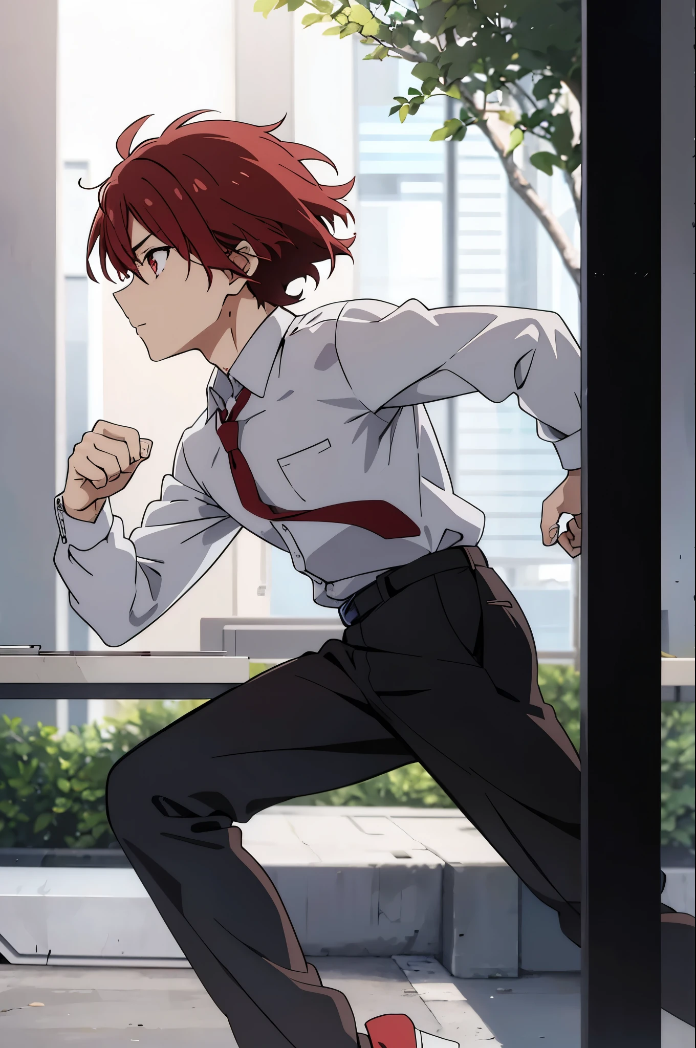 anime boy wearing white shirt red tie black pants, running fast, side view, dash, side profile view