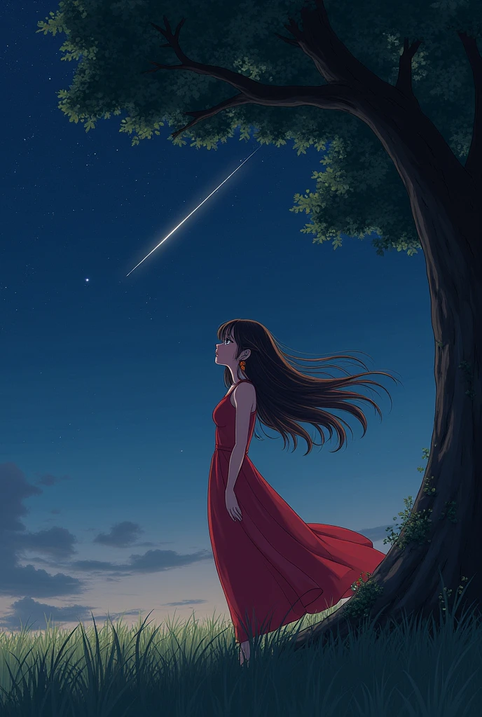 Long brown hair 、 beautiful hair flowing in the wind 、 pretty eyes and pink lips 、 beautiful and elegant face 、 earrings for women with first name、Red simple dress、I'm standing near a big tree and watching the starry sky、 shooting star、grassland、 manga anime style 、 high image quality、masterpiece、