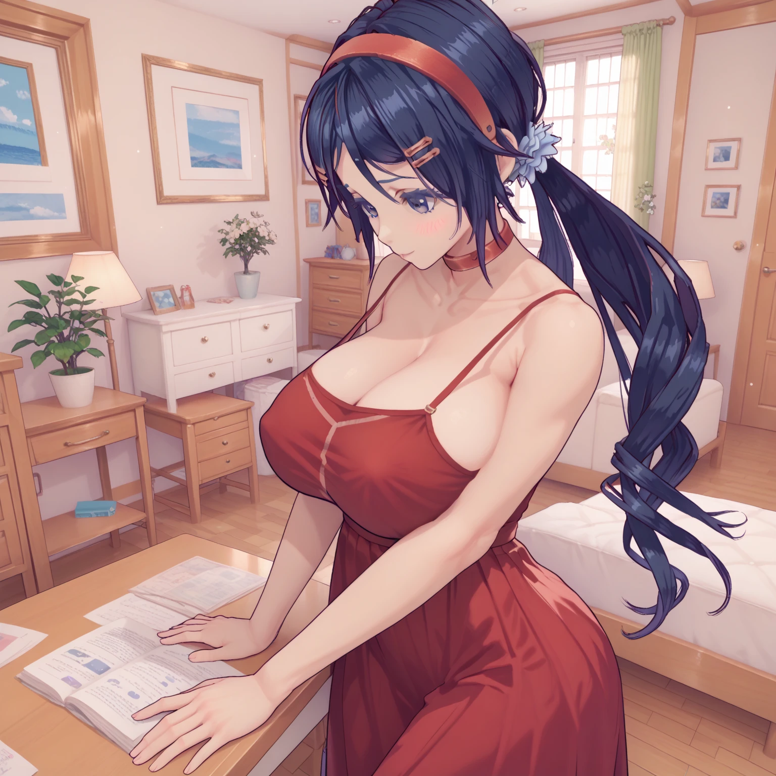 slender body, [protagonist: Mita] Shy, Huge breasts, long hair, sexy dress, sexy pose