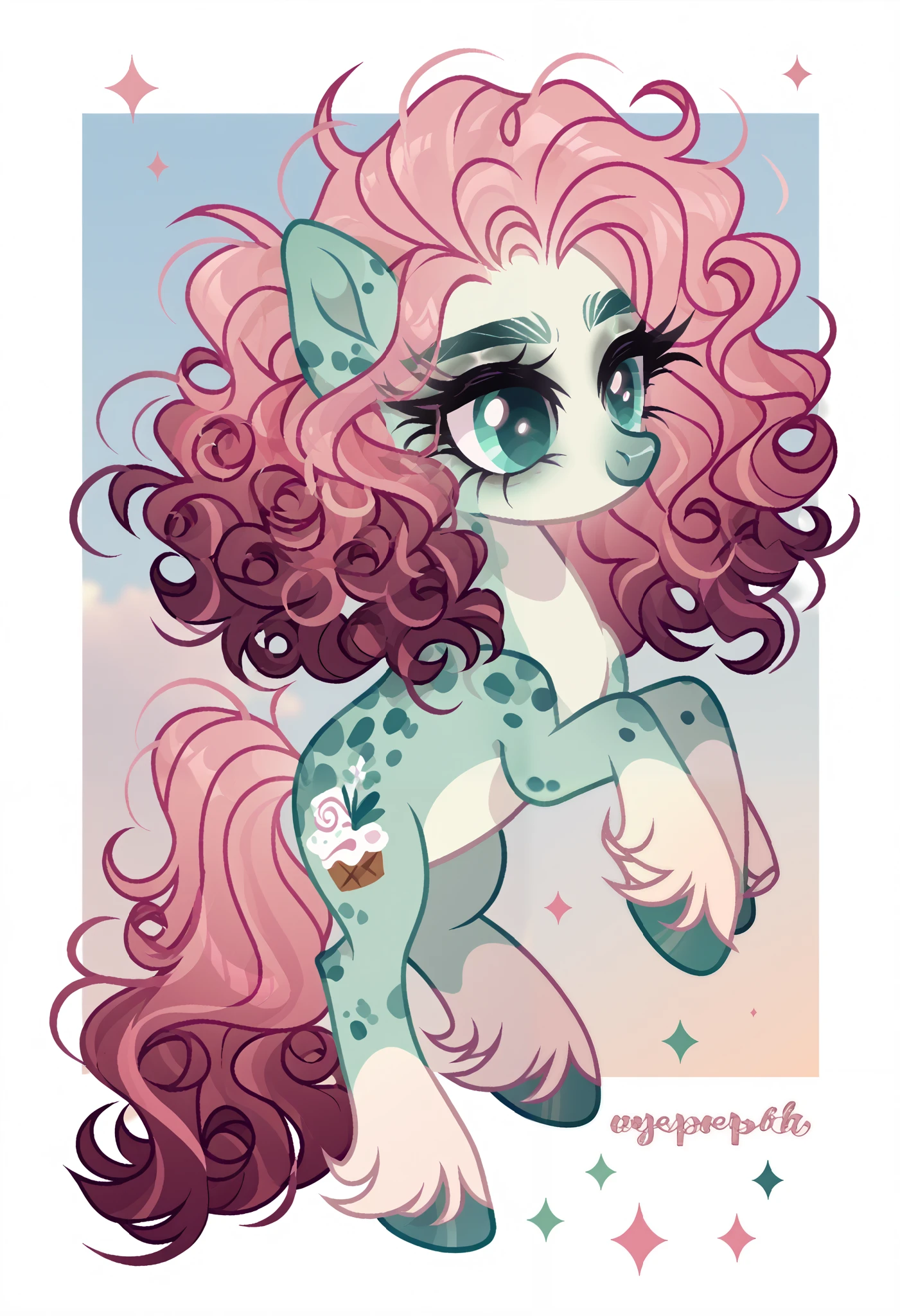 score_9, score_8_up, score_7_up, score_6_up, score_5_up, score_4_up, show accurate, full body, simple background, feral pony, female pony, charming appearance, original character, pegasus, adventurous look, flowers embedded in mane, Mint green body, light cream belly, lavender spots, bright teal eyes, flowing pink hair with golden strands, wavy hair, medium-length tail, sky blue hooves