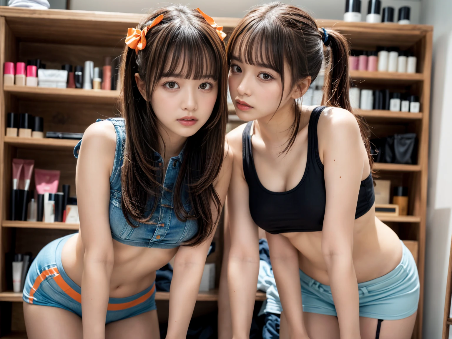 4 hot sweet innocent 日本の中学生 13 year olds having a sexy sorority party in hot crop top hoodies and short shorts outfits, While getting drunk and laughing together, sexy, beautiful girl, innocent, detailed pupil, expressive eyes, compensate, real photos, modern look, real photos (realistic:1.5), silky, skirt, NSFW:1.1、