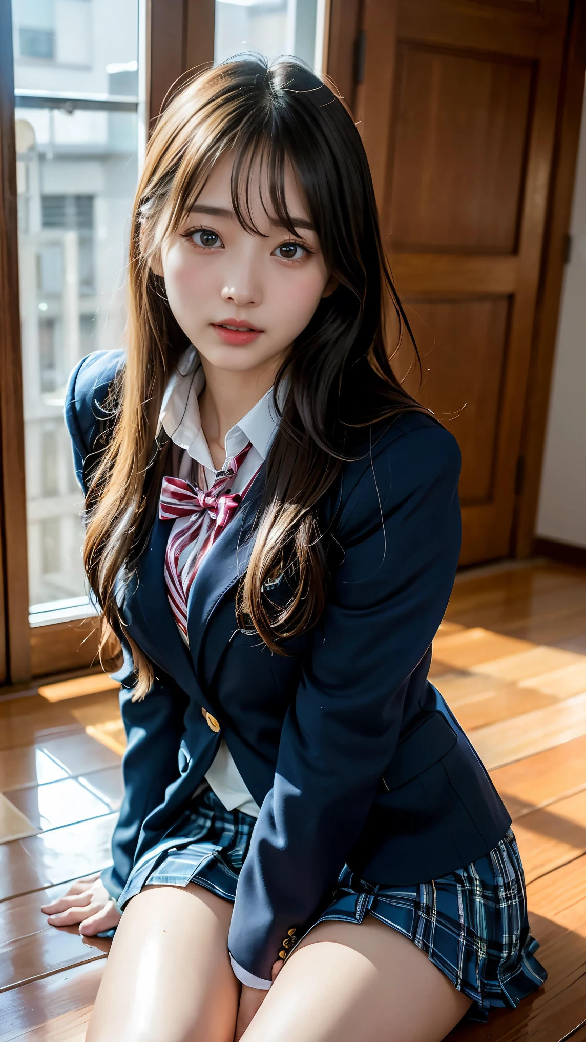 (masutepiece:1.3, Photorealsitic:1.4, 8K), top-quality, masterpiece, 超A high resolution, Perfect dynamic composition, Highly detailed skin and facial texture:1.3, A detailed eye, Detailed limbs, 1girl in, Cute sexy 17 year old slim woman, Fair skin, ((Sense of clarity:1.1)), ((Huge chest on the verge of bursting:1.0, Do not show areola)), (A smile:0.9, Totally captivates you:0.9), (High School Girl Blazer Uniform:1.3), (Beautiful blue eyes, Eyes with a sense of beauty with a sense of transparency:0.85), Sexy face:0.4, red blush:1.1, (A mouthfeel that feels beautiful eros:0.85), Professional camera work, Grow Light Effect, ((View from the knee up)), ((Too erotic:0.9))