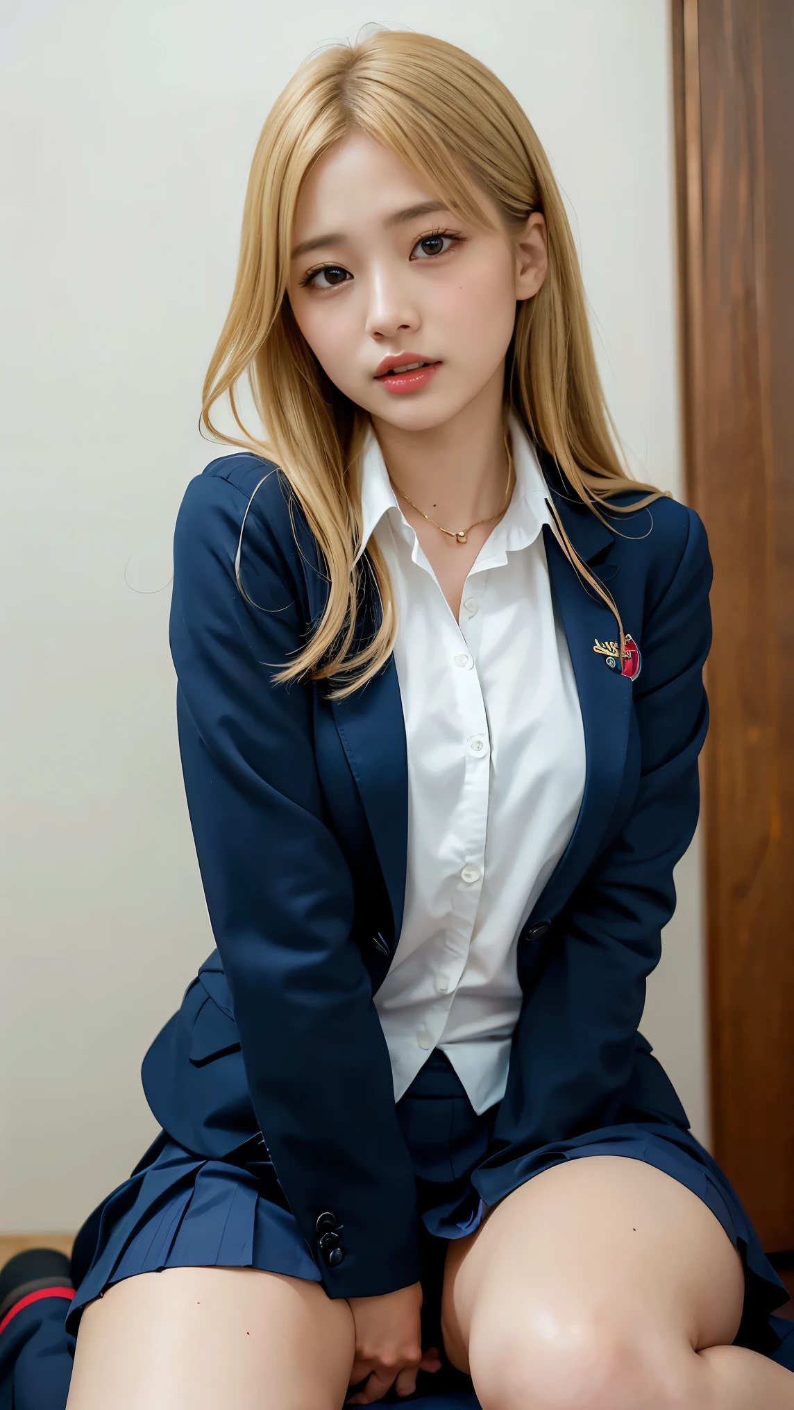 (en 8K, Photographie RAW, premier quality, tmasterpiece:1.2), 1fille dans, 3d, Corps voluptueux, beau visage, photogenic , 3d, Uniforme Blazer, jupe par le、longs cheveux blonds en boucles, s lips, High school students, ((Salle de classe le soir))、 Uniforme scolaire, real, photoreallistic、 Peau brillante、beautiful delicate face、beautiful delicate eyes、pleated  skirt、Culotte en dentelle、(Dormir par terre)、((Troubled face))、((rougissement rouge))、embarrassed from、 (Jupe soulevez-vous)、(Spread your legs wide)、Sitting position with knees bent、(Nuit)、natural soft light、Look the other way、Show your pubic area