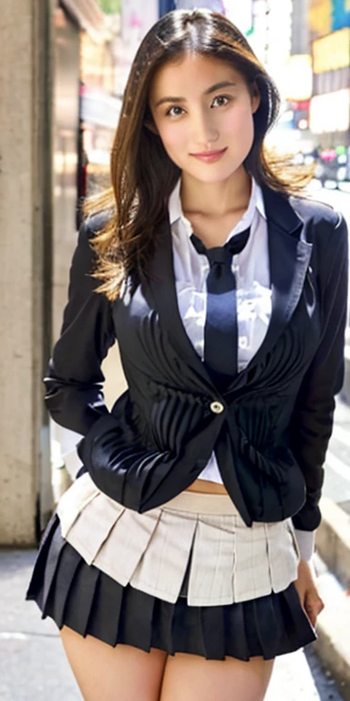 Beautiful Girl, Brown hair, Long hair, (Curly hair), (((Lace panties))), (((Very sweet smile))), looking at the viewers, (((Lift the hem of the skirt, Lift the hem of the skirt with both hands, Lift the hem of the skirt yourself))), (((Neat black business suit))), (businesswoman) ((of the highest quality, 16 K, masutepiece: 1.3)), 1 girl, Light on Face, hyperdetailed face, very detailed lips, Detailed eyes, Realistic pupils, City Street