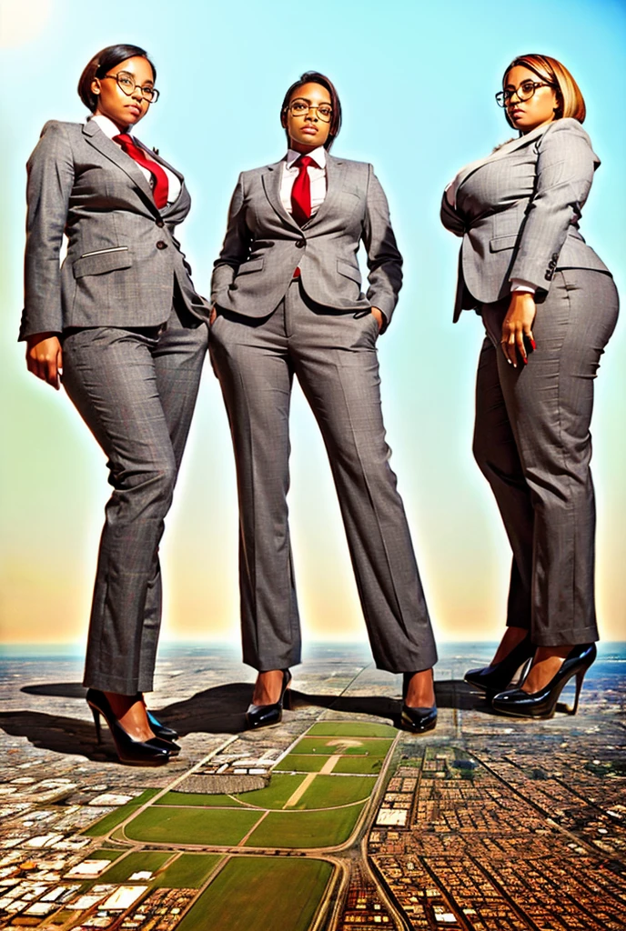 multiple girls, giga Giantess Art, extremely detailed giant shot, Giant, short hair, A curvy high school girls who are much bigger than a skyscraper, wearing rimless glasses, big breasts, big ass, light grey blazer and trousers, blue tie, rounded court high heels, Steam comes out from the soles of the feet, very small metropolis,  Miniature Metropolis , crush the big city, full body description, ＧＴＳ, Giga Giant, Stomping City, crash city, Small town, micro city, High resolution, highest quality, masterpiece, 