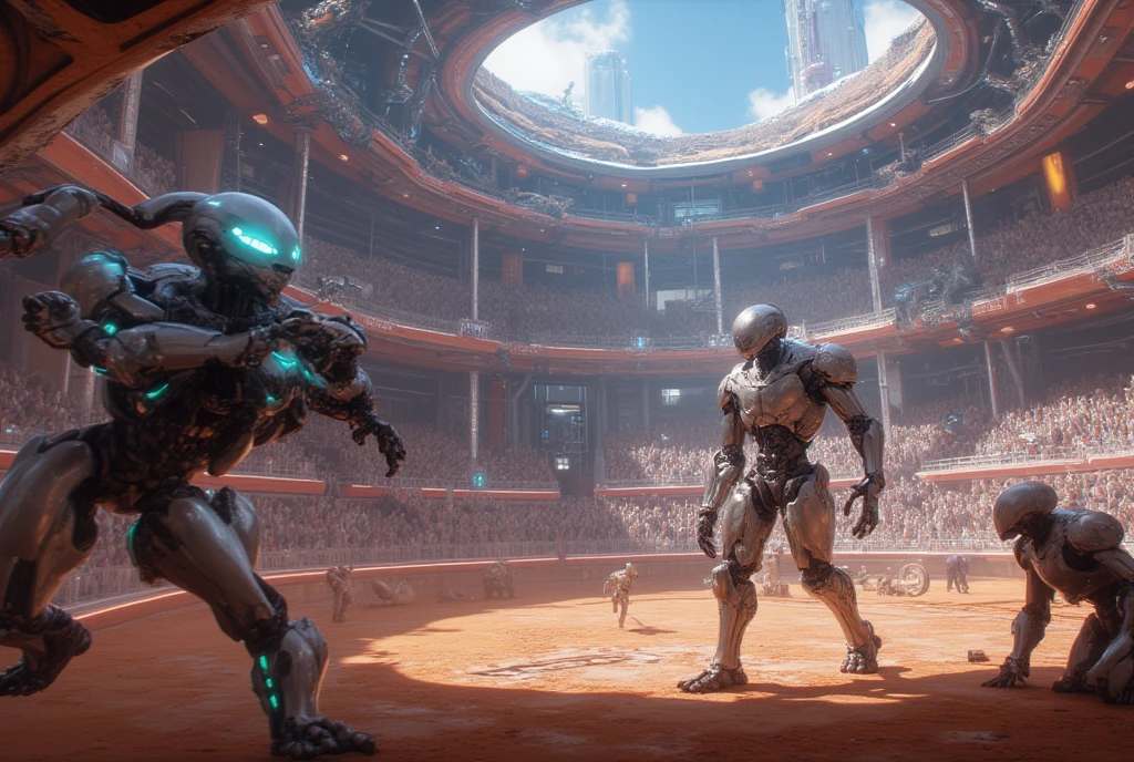 A futuristic arena in a space colony, robots fight each other and humans enjoy betting on the winner, ((masterpiece, highest quality, Highest image quality, High resolution, photorealistic, Raw photo, Extremely detailed CG unified 8k wallpaper)), Robot Gladiators,