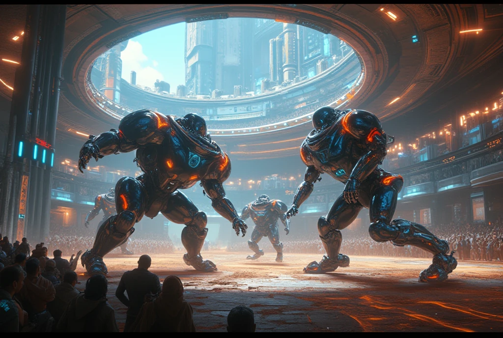 A futuristic arena in a space colony, robots fight each other and humans enjoy betting on the winner, ((masterpiece, highest quality, Highest image quality, High resolution, photorealistic, Raw photo, Extremely detailed CG unified 8k wallpaper)), Robot Gladiators,