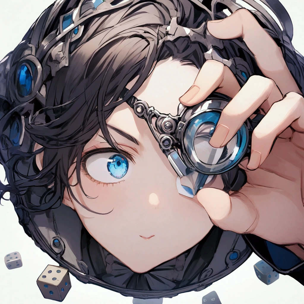 boy holding dice dark hair glasses blue eyes white background 