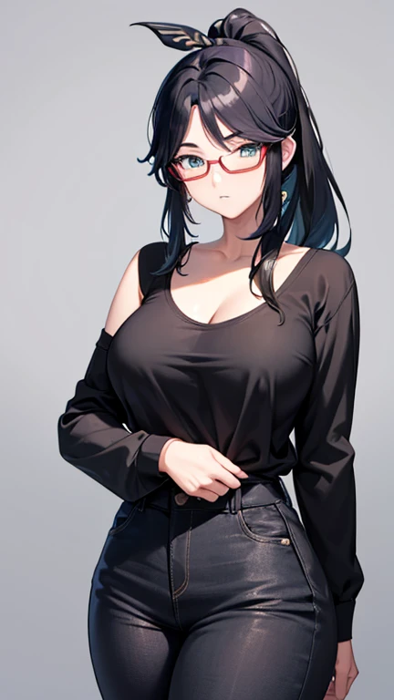 a close up of a person with a shirt on and a top on, seductive anime girl, perfect black haired girl, black hair (ponytail), black hair, thicc, female anime character, most strongest pose, attractive anime girl, black haired, black hair girl, anime girl, anime woman, revealing clothes, black haired deity, anime best girl, milf