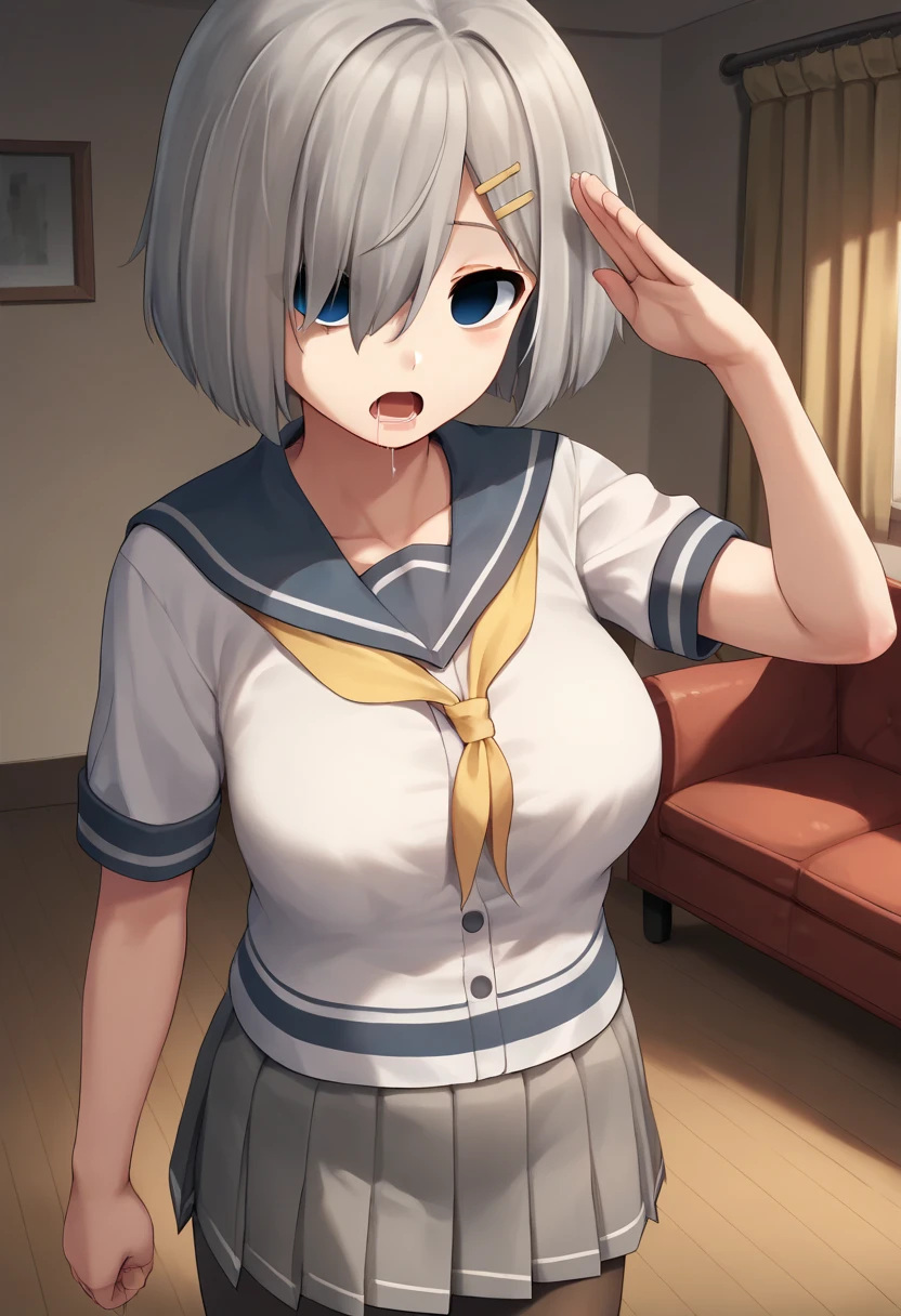 masterpiece, best quality, ultra-detailed, Potrait of beautiful , (chubby) (muscular), (plump), (sexly), (cleavage), ((tomboy)), (アニメ), (Breasts), (Plump), ((very short hair)), ((Uzaki Hana)), (overweight), (Gray Hair) (Wearing white clothes), ((Saggy breasts)), (blue eyes), (Short Hair), (blue eyes), ((thick)), (sleeves are blue), (Short sleeve)