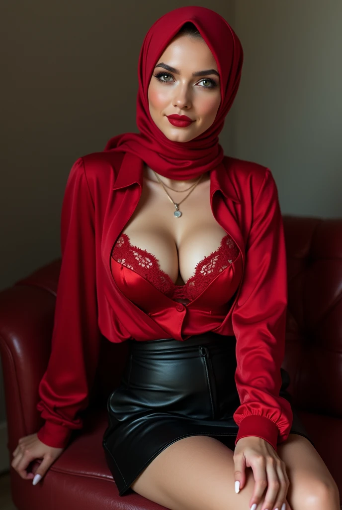 Inside the mosque, a woman wearing a headscarf, an open-fronted red leather jacket, she opened her jacket to the sides with her hands, she was not wearing underwear, bare breasts, short pink socks, a red miniskirt, red lips,