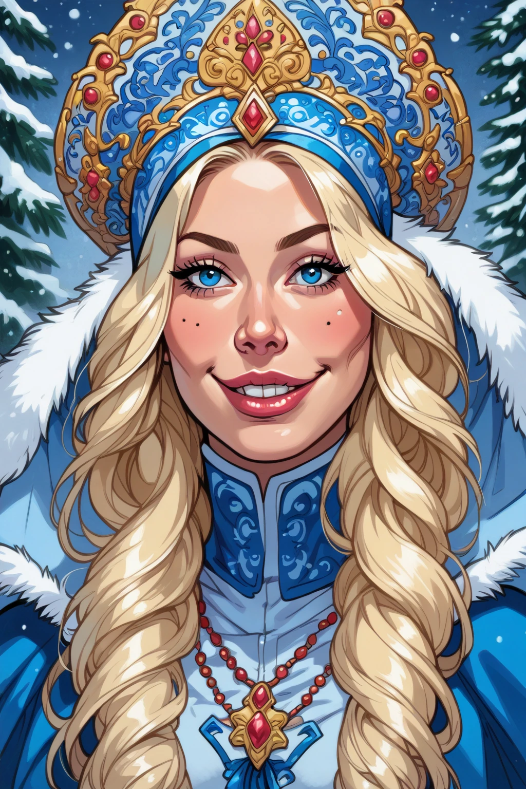 score_9,score_8_up,epiCPhoto,
 Easy smile,upper body,lilandavastyle,g0th1cPXL, snow maiden , 1girl, Slavic girl, blond hair , blue eyes , Kokoshnik _ headgear ,blue coat , white fur trim,Ale, snow ,rich embroidery on clothes,