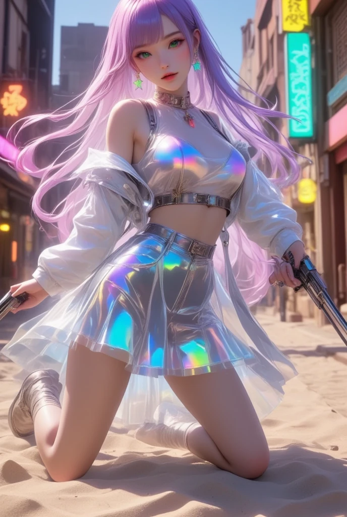 (((professional: step by step, considering even the smallest detail god level final result))):Emilia re:zero, purple eyes, Emilia, crown braid, x hair ornament, flower hair ornament, white hair, long hair, medium breasts, and two pigtails above her ears, 50% Revealing clothing, Show skin, ((Rave short shirt, very Low-cut shirt, Rave cowboy miniskirt, Visible thong straps)), (with a rave outfit:1.2, 30% Rave clothing), (Detailed outfit, Detailed clothing), (sexy walking pose), Solo focus, embarrassed, centered, Scale to fit dimensions, Rule of thirds, ((Night view)),(cyberpunk night street Background: 1.3, dark sky, alley,  alley, clouds thick, Background with intricate details), (Best quality),(high resolution),(Sharp focus),(full intricate details),(Very high quality artwork),(very fine 8K CG),((perfect piece) ), (((Masterpiece))), illustration, vibrant colors, high contrast, selective lighting, double exposure, HDR (high dynamic range), Post-processing, Background blur, transparent drees"