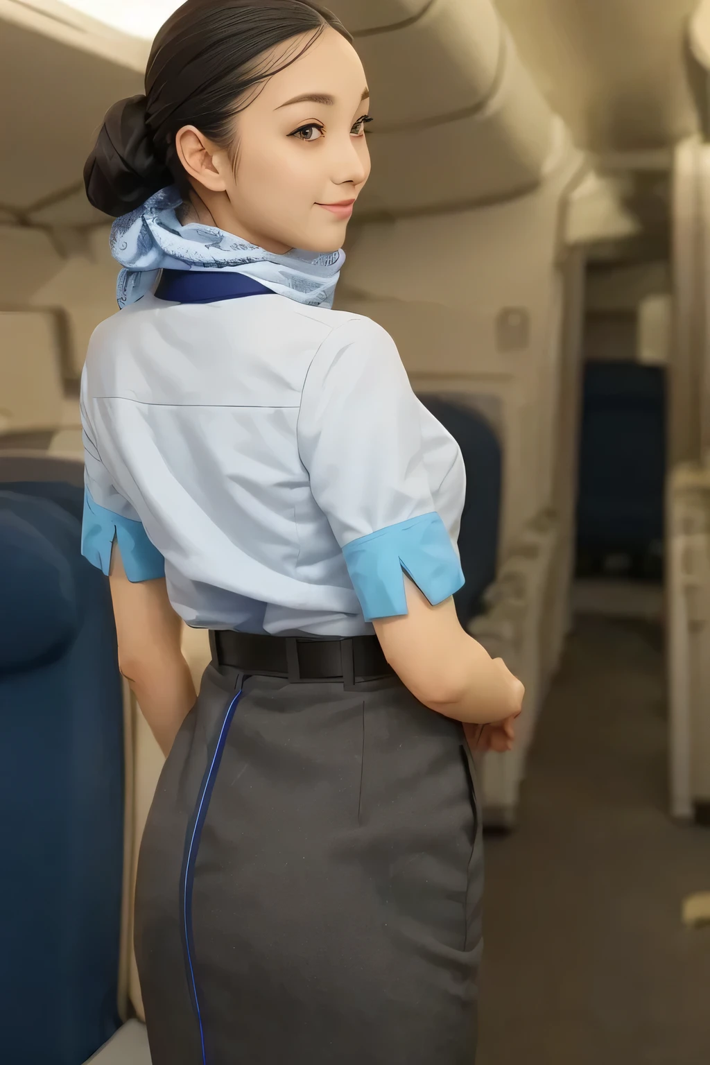 (Realistic style wearing the ANA cabincrew uniform)、(ANA cabincrew uniform)、(Short sleeve light blue blouse)、(ANA cabincrew uniform skirt with blue line on the back)