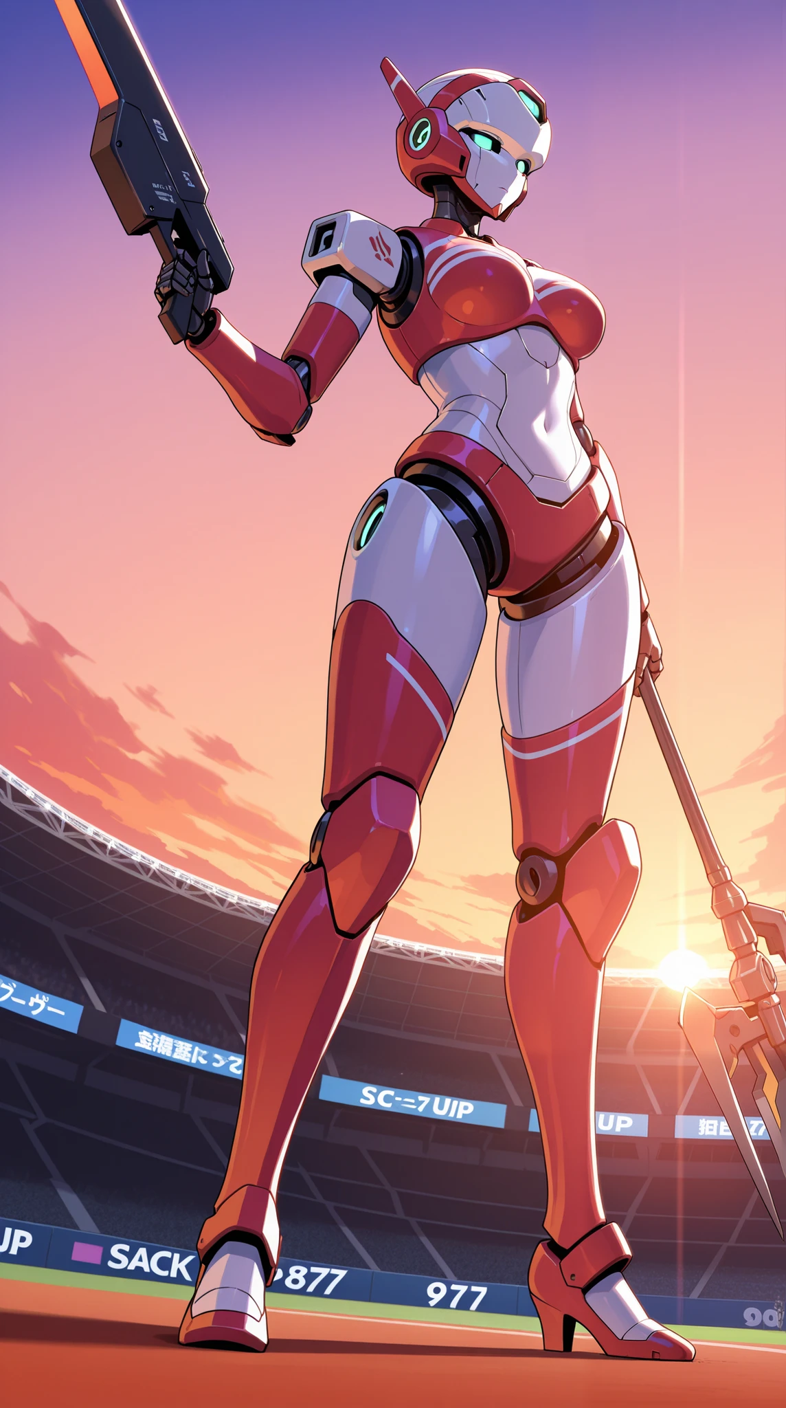 score_9, score_8_up, score_7_up, source_anime, BREAK, a female robot gladiator holding a weapon while standing, stadium, sunset, vibrant colors, masterpiece