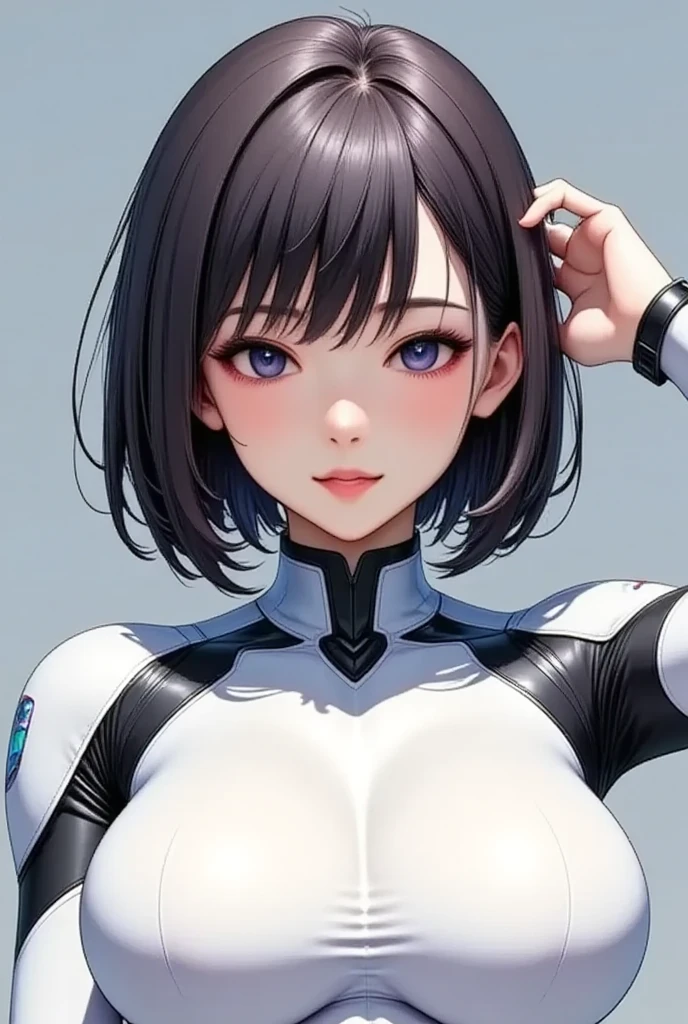 (masterpiece,   best illustrations, super detailed ),(  android),( dark-haired woman"Haruna"),(Front:2.0),(  shot by a cowboy :2.0),(  beautiful faces),(  beautiful eyes),(  looking at me :2.0),(Serious:2.0),(  super sexy :2.0),( I put my hand on my head:2.0),(  Super Big Breasts  :2.0),(Pastel Blue Background:2.0),(  detailed hands :2.0),( Beautiful female hands :2.0)