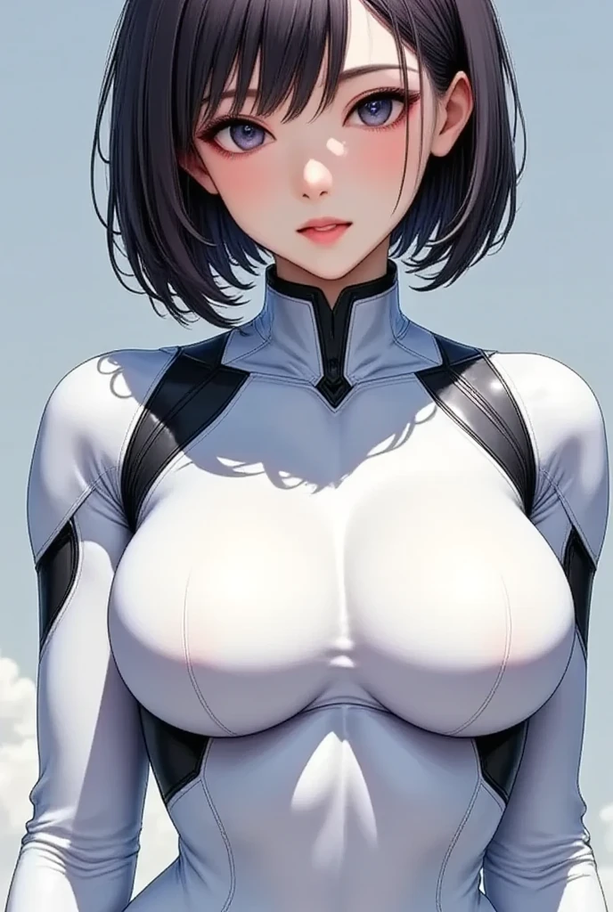 (masterpiece,   best illustrations, super detailed ),(  android),( dark-haired woman"Haruna"),(Front:2.0),(  shot by a cowboy :2.0),(  beautiful faces),(  beautiful eyes),(  looking at me :2.0),(Serious:2.0),(  super sexy :2.0),( I put my hand on my head:2.0),(  Super Big Breasts  :2.0),(Pastel Blue Background:2.0),(  detailed hands :2.0),( Beautiful female hands :2.0)