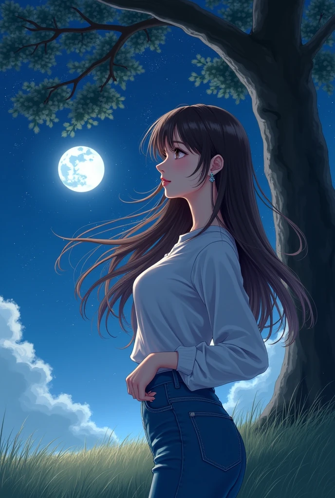 Long brown hair 、 beautiful hair flowing in the wind 、 pretty eyes and pink lips 、 beautiful and elegant face 、 wearing a long-sleeved blouse and thin blue jeans、 earrings for women with first name、Standing near a big tree looking at the night sky 、 starry sky 、 moonlight、grassland、 manga anime style 、 high image quality、masterpiece、