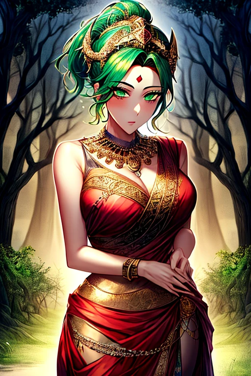 fantasy style, floral background, romance manhwa, 1girl, solo,  green eyes, ponytail, beautiful body, royal intricate sari, (ornate intricate golden chest armor), hairup, ornate big hairpin, forehead, (glowing forehead ornate headpiece), hindu, twilight, temple, forest, moss, mirage, trees, detailed embroidered, sleeveless, cowboy shot,