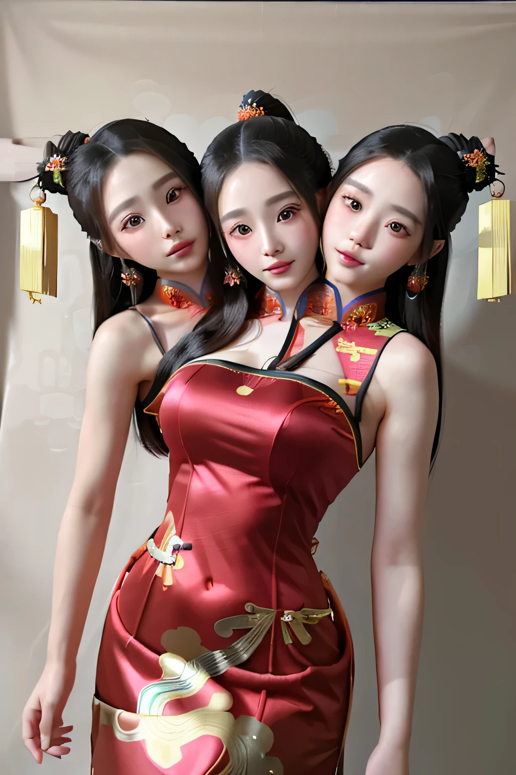 A gentle and charming Chinese woman, (full body photo), (super gorgeous cheongsam), exquisite and sexy clavicle, charming oval face, double eyelids, smart peach blossom eyes, pink lips, small nose, bare shoulders, focus on the face , face close-up, ultra-high-definition, super details, elegant standing posture