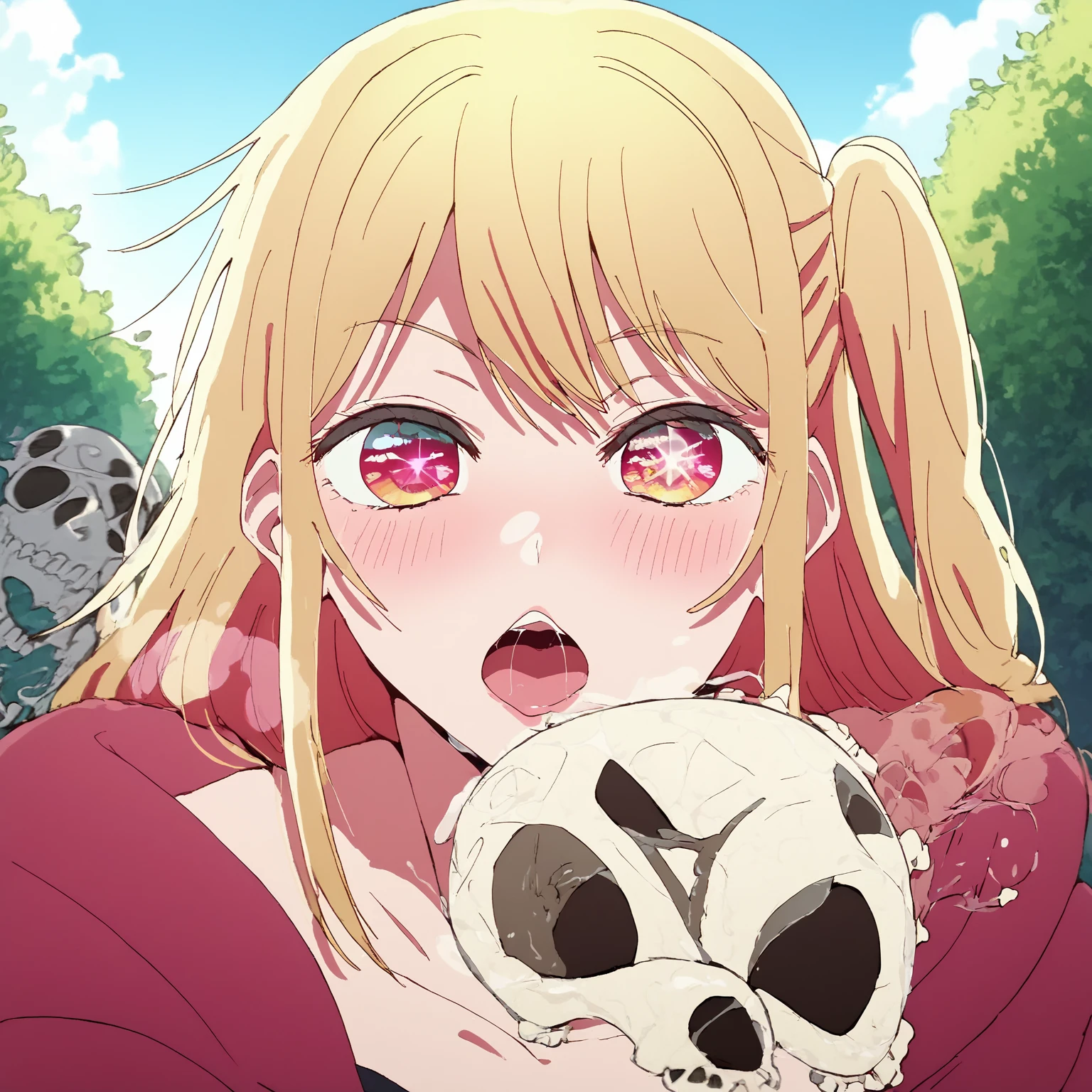 Ruby hoshino, burping, digesting, bones. Ruby hoshino lets out a massive green burp to show she is satisfied, 1 pred, 1 Girl, Ruby Hoshino's eyes are 6 pointed star pupils on both eye, High Details, burping up bones, ruby hoshino at the right mixing her boney burps, bones, skull, gas, green cloud, hot breathe