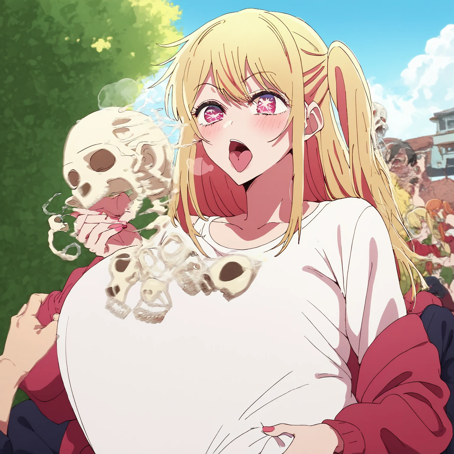 Ruby hoshino, burping, digesting, bones. Ruby hoshino lets out a massive green burp to show she is satisfied, 1 pred, 1 Girl, Ruby Hoshino's eyes are 6 pointed star pupils on both eye, High Details, burping up bones, ruby hoshino at the right mixing her boney burps, bones, skull, gas, green cloud, hot breathe