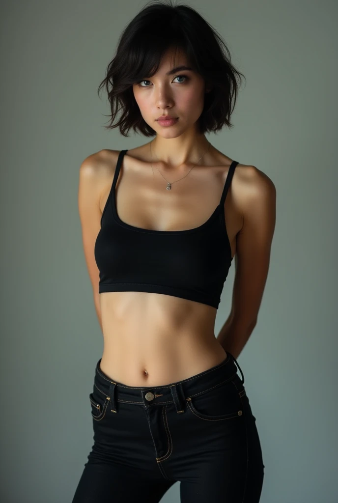 gorgeous woman, short night black hair, russian woman, ragged white tank-top, underboob, cutoff faded blue jeans hotpants, red thong