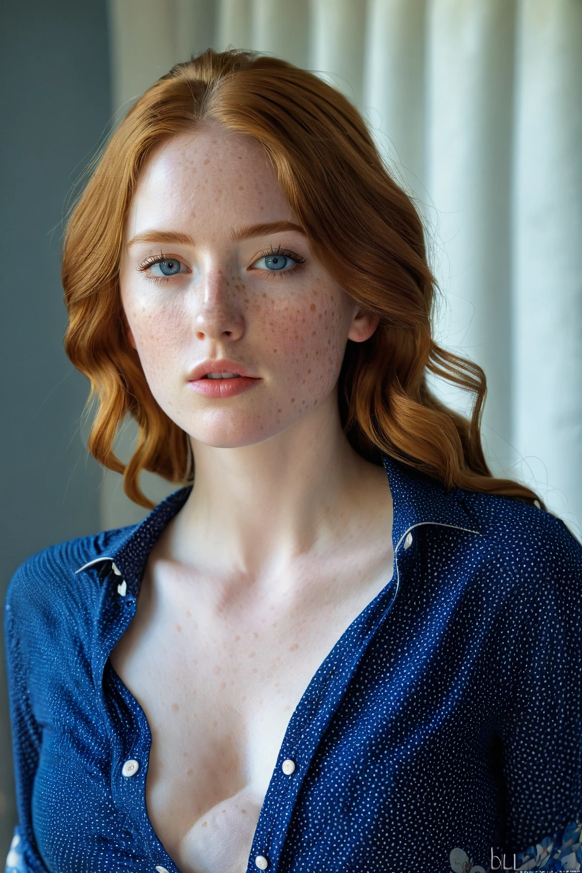 ((B 19 year old girl, realistic photo of a young white woman, selfie, perfect figure. Blood red hair hair styled loosely parted in the middle, ice blue eyes, pale skin, freckles. She wore an elegant tight-fitting long-sleeved blouse. Natural lighting, Masterpiece, Highly detailed, realistic skin texture, smooth complexion, natural looking hair, perfect eyes, (candlelight,chiaroscuro), Porta 160 color, shot on ARRI ALEXA 65, bokeh, sharp focus on subject, shot by Don McCullin