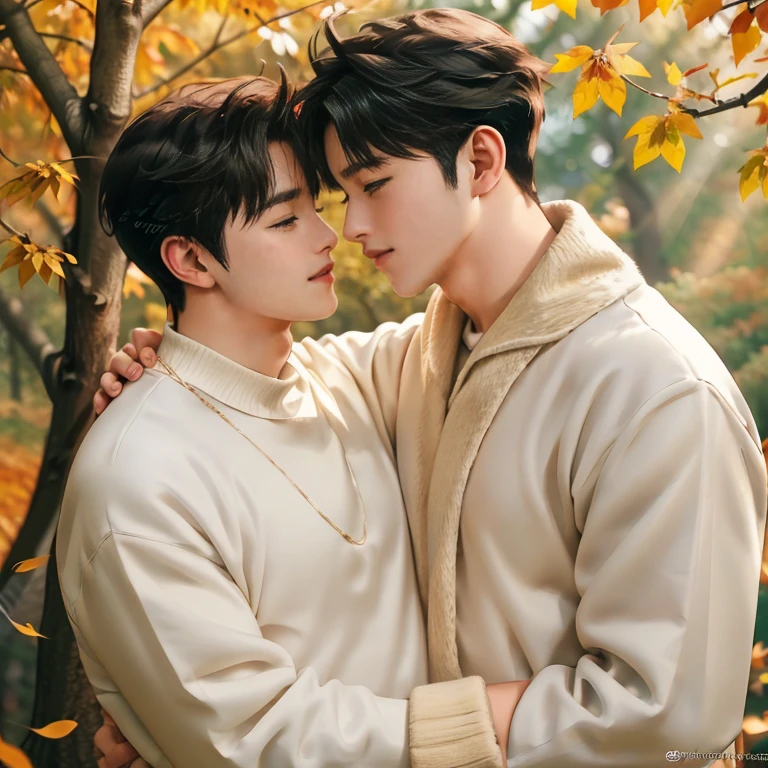 Two men are embracing each other on an autumn path surrounded by colorful leaves. They smile at each other warmly, happy to be reunited. The scene is peaceful and filled with the golden color of the fallen leaves. The sunlight filtering through the trees casts a soft light on the two men standing close together. (Kissing scene). The image quality is excellent, very detailed and realistic, with natural soft lighting. (Large Bulge Details), (Very Large Bulge: 1.6), Ultra High Resolution, Best Quality, SLR Camera, (Live Action Movie Scene), Very Fine Details, Realistic Lighting, Smooth, Fujifilm XT3,