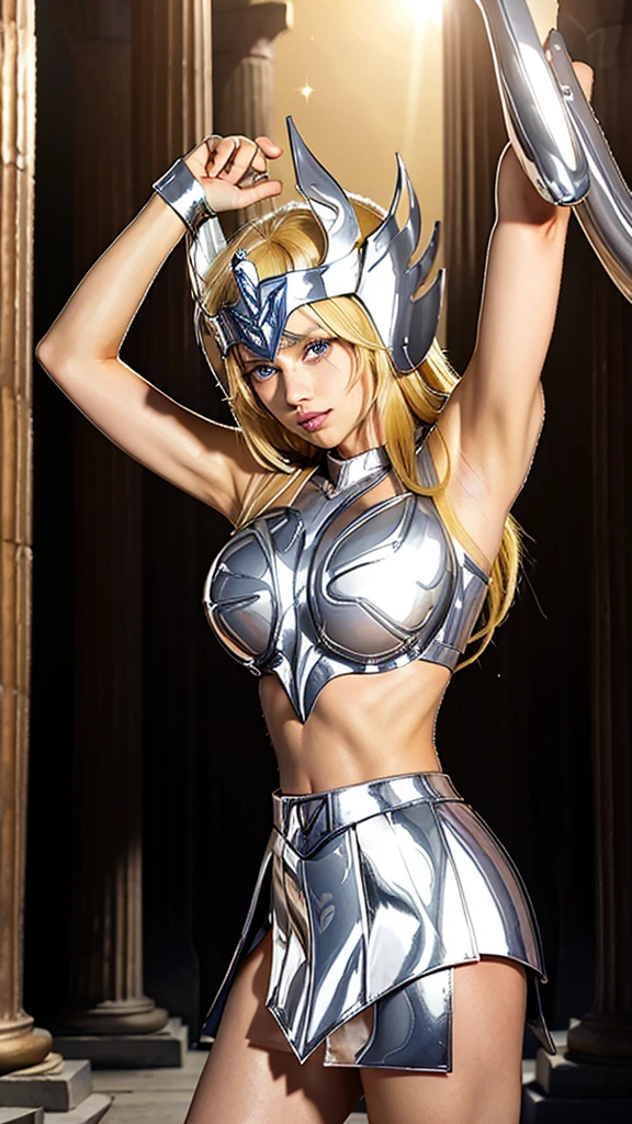 1girl, depth of field, official art, unity 8k wallpaper, ultra detailed, illustration, beautiful and aesthetic, masterpiece, best quality, knight, (big breastilf, mature female), (black armor, armor, breastplate), beautiful face, (long blonde hair, blonde hair, very straight hair:1.4, hime cut:1.4), blue eyes, cowboy shot, glowing skin, back lighting, athletic figure, muscular female, curvy, wide hips, colorful, looking at viewer, Hyperrealistic, gradient background, dark background, outline, fantasy, from the front, watercolor, traditional media, (chromatic aberration, intricate details)