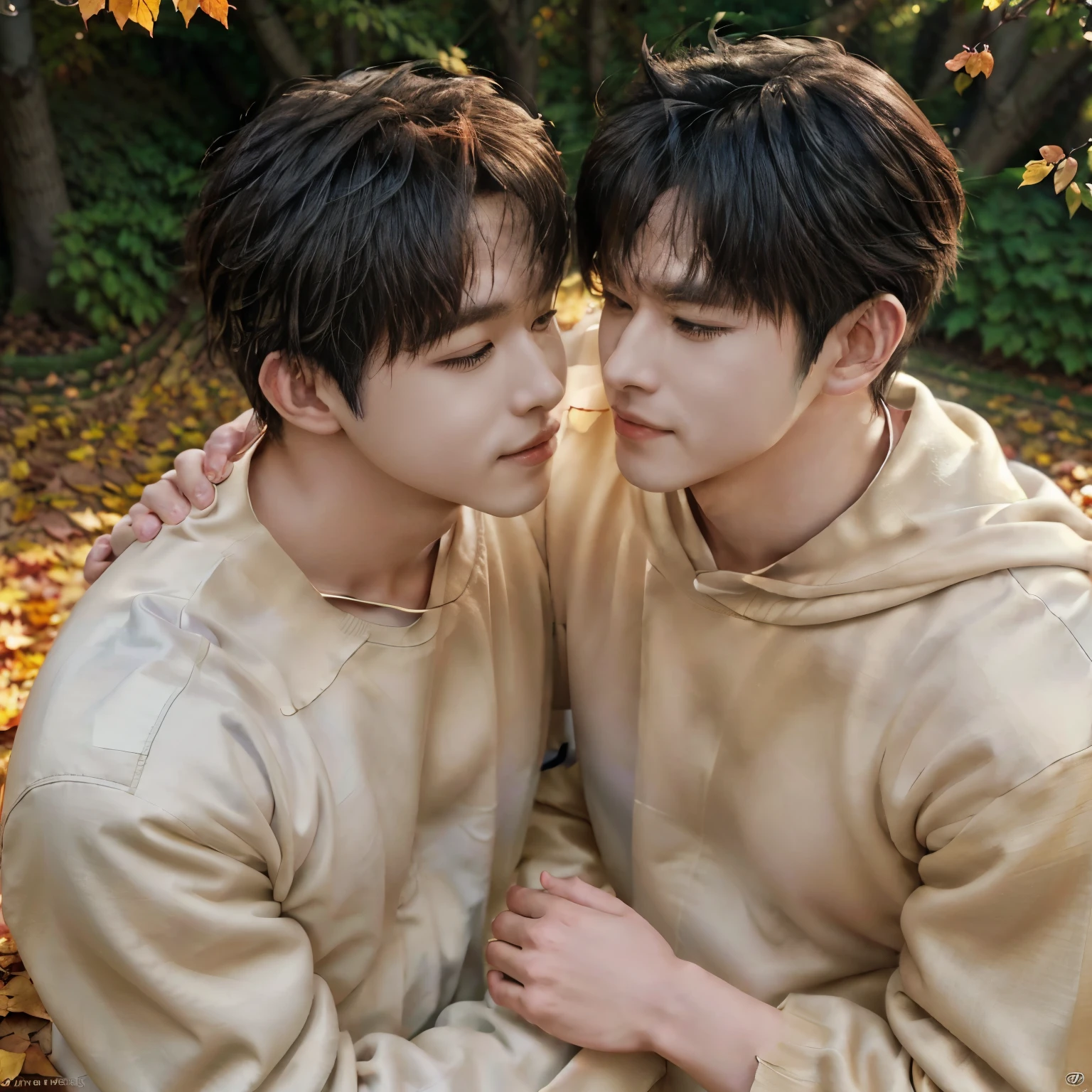 Two men are embracing each other on an autumn path surrounded by colorful leaves. They smile at each other warmly, happy to be reunited. The scene is peaceful and filled with the golden color of the fallen leaves. The sunlight filtering through the trees casts a soft light on the two men standing close together. (Kissing scene). The image quality is excellent, very detailed and realistic, with natural soft lighting. (Large Bulge Details), (Very Large Bulge: 1.6), Ultra High Resolution, Best Quality, SLR Camera, (Live Action Movie Scene), Very Fine Details, Realistic Lighting, Smooth, Fujifilm XT3,