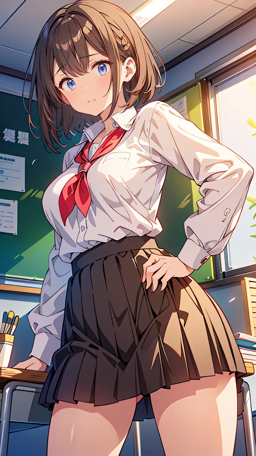 “A lively and strong-willed high school girl with short, slightly messy hair dyed a light brown. She wears her school uniform with the sleeves slightly rolled up, giving her an energetic and no-nonsense vibe. She stands with one hand on her hip, holding a calligraphy brush in the other, her expression one of fierce determination. Her bold and assertive personality shines through in her stance. Behind her is a busy classroom where students are working on calligraphy projects. She is the senior who always pushes herself and others to do their best.”