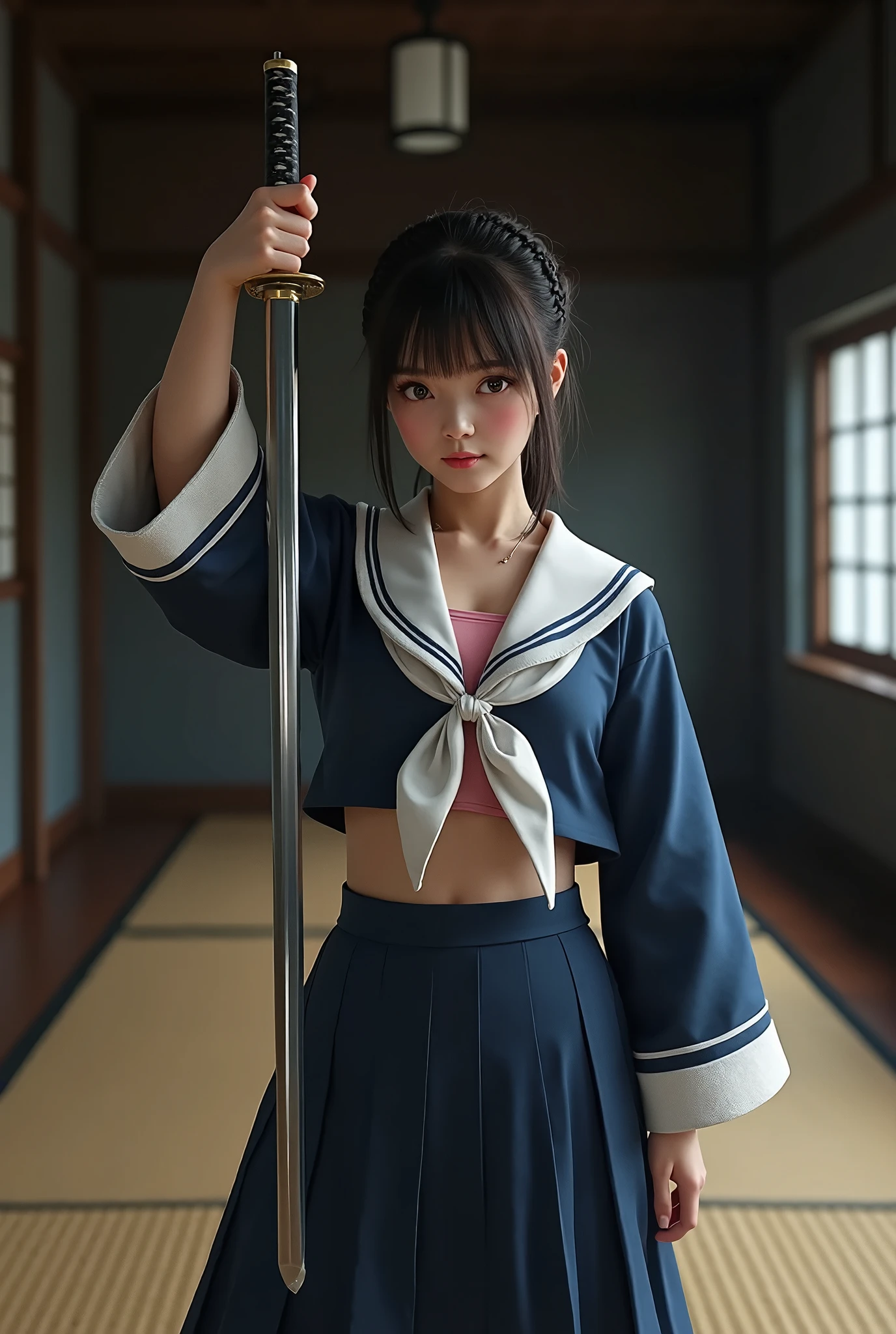 There is a woman in a uniform holding a sword in a room - SeaArt AI