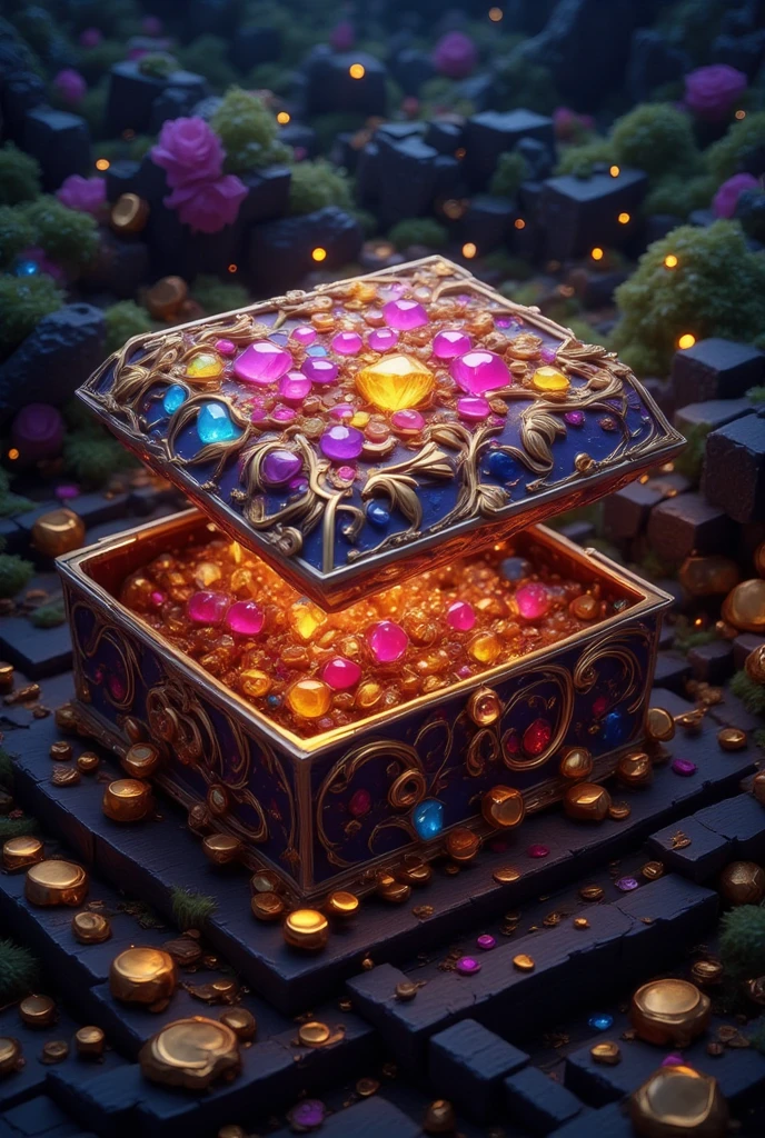  beautiful colors ,  Square Casket with Wood Patterns on the edges and various gold diamond jewelry , rubies and sapphires ,  Each leaf-shaped gem is attached to a box with flower patterns and vines in beautiful silver,  All patterns shimmer ,  box with the lid ajar and you can see Beautiful Pearl Beads with a small heart pendant , beautiful design,  masterpiece fails,  complex details ,  maximum detail,  better quality , 16K,  high definition ,  maximum quality , fantasy, Fantasy,