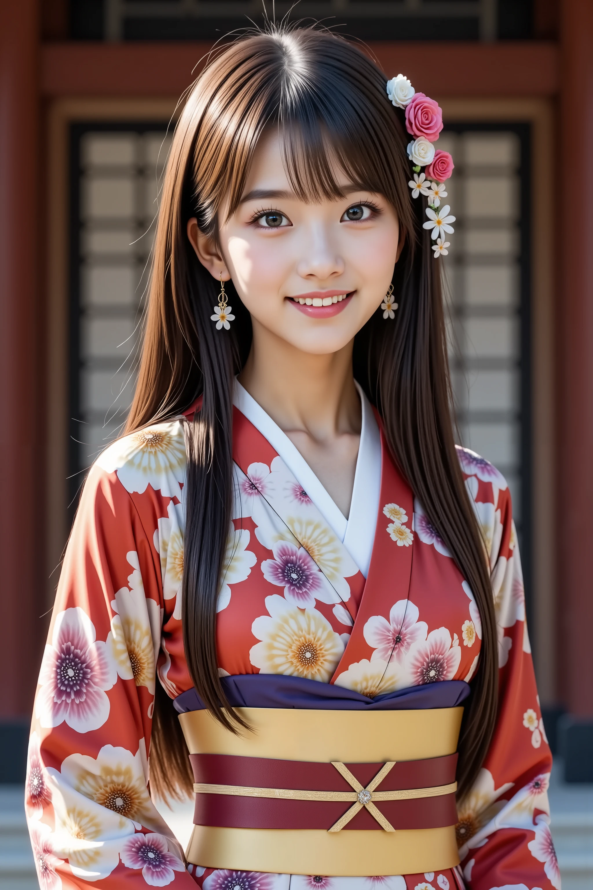 Realism of a young woman wearing a traditional kimono , red, white, yellow, and purple luxurious Japanese-style flower pattern kimono、Gold monochromatic kimono belt 、Japanese style flower hair ornament、 barrettes、Long-sleeved kimono、Yuzen、make a New Year's visit、 The background is a Japanese shrine、smile