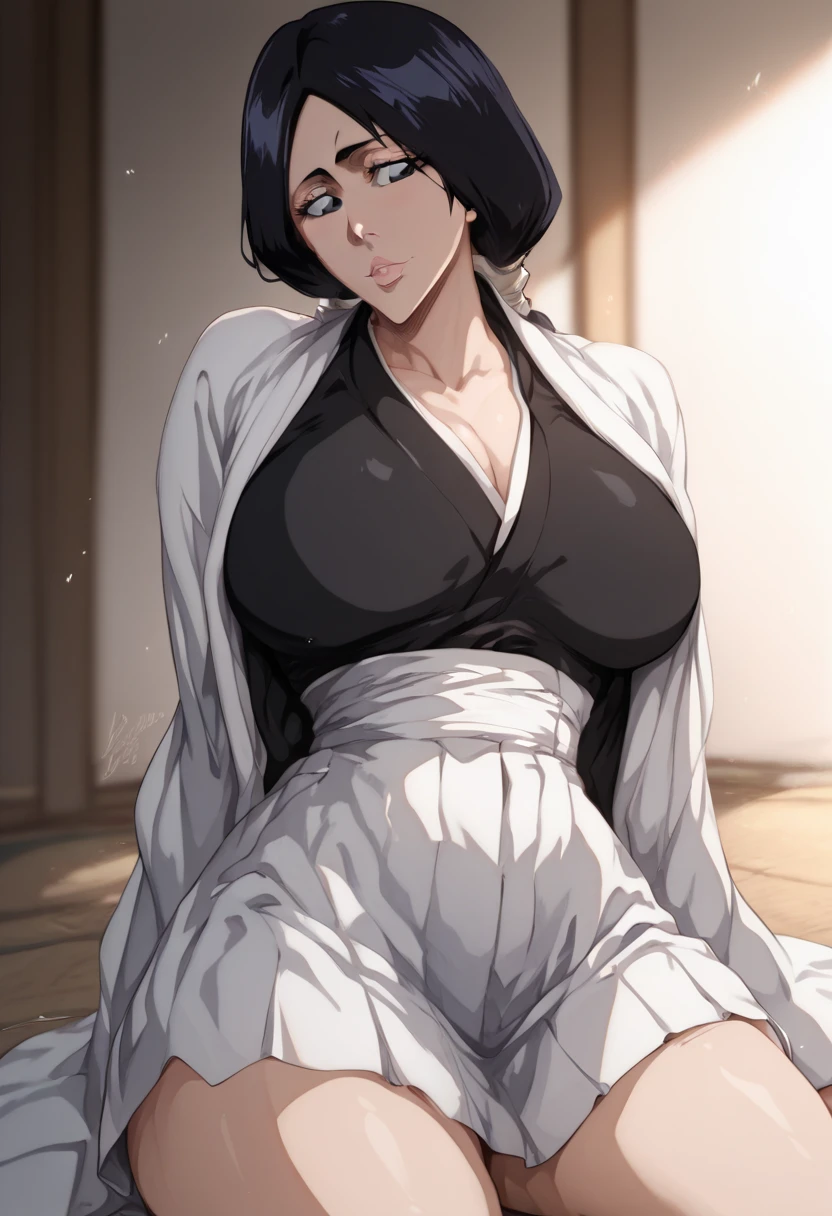 Bleach strongest female, unohana, detail face,young woman, futton,white and black kimono ,perfect anatomy, small waist, large breast,round ass, standing a side a wall , sitting on floor , looking at viewers, cowboy shot,