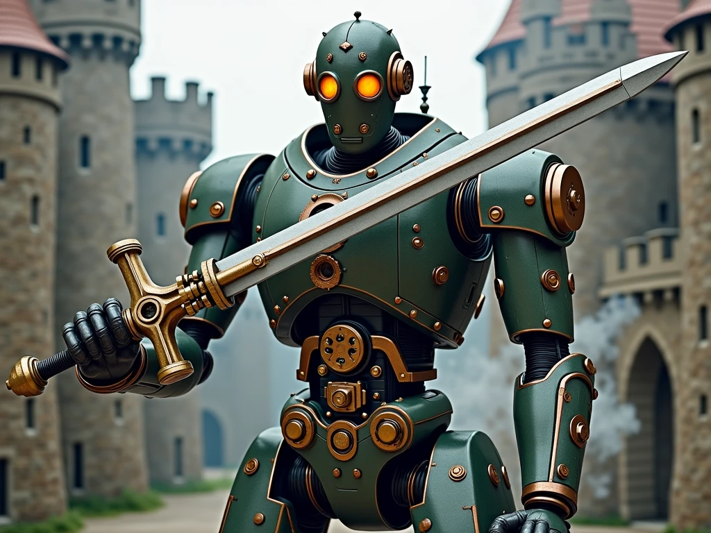  steampunk robot that spews steam from various parts holds a sword、 acrobatic pose、A 、Retro Design、gear、Steam engine、 highdefinition images、Medieval Background、