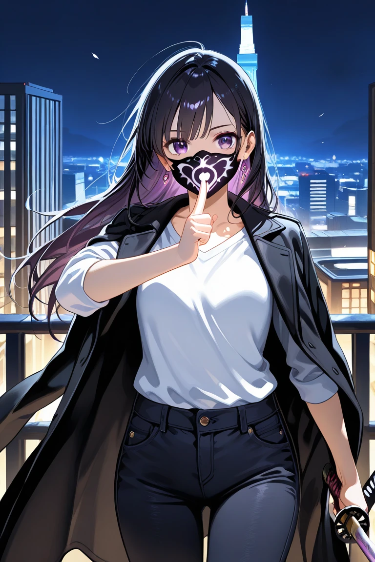 
A young man stands atop the city's tallest tower, the wind whipping around him as if nature itself acknowledges his presence. He is clad in a sleek black coat over a crisp white shirt, paired with striking black jeans. A ninja mask's casting a shadow over his face, but a hint of dark purple eyes glimmers through the veil of his messy black hair. His piercing gaze locks onto the viewer, exuding both mystery and intensity. Slowly, he removes a mask with deliberate grace, revealing his hidden visage. In one hand, he firmly grips a katana, its blade reflecting the faint glow of the city lights below, a symbol of his resolve and hidden power.
