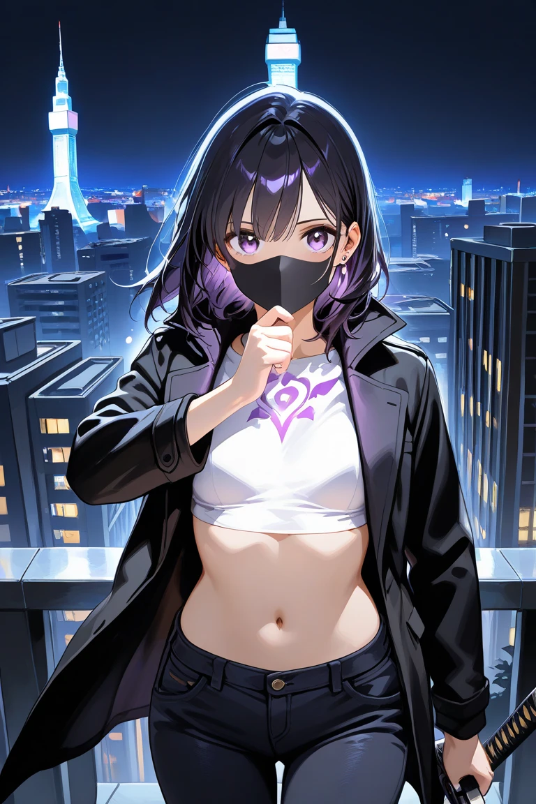 
A young man stands atop the city's tallest tower, the wind whipping around him as if nature itself acknowledges his presence. He is clad in a sleek black coat over a crisp white shirt, paired with striking black jeans. A ninja mask's casting a shadow over his face, but a hint of dark purple eyes glimmers through the veil of his messy black hair. His piercing gaze locks onto the viewer, exuding both mystery and intensity. Slowly, he removes a mask with deliberate grace, revealing his hidden visage. In one hand, he firmly grips a katana, its blade reflecting the faint glow of the city lights below, a symbol of his resolve and hidden power.
