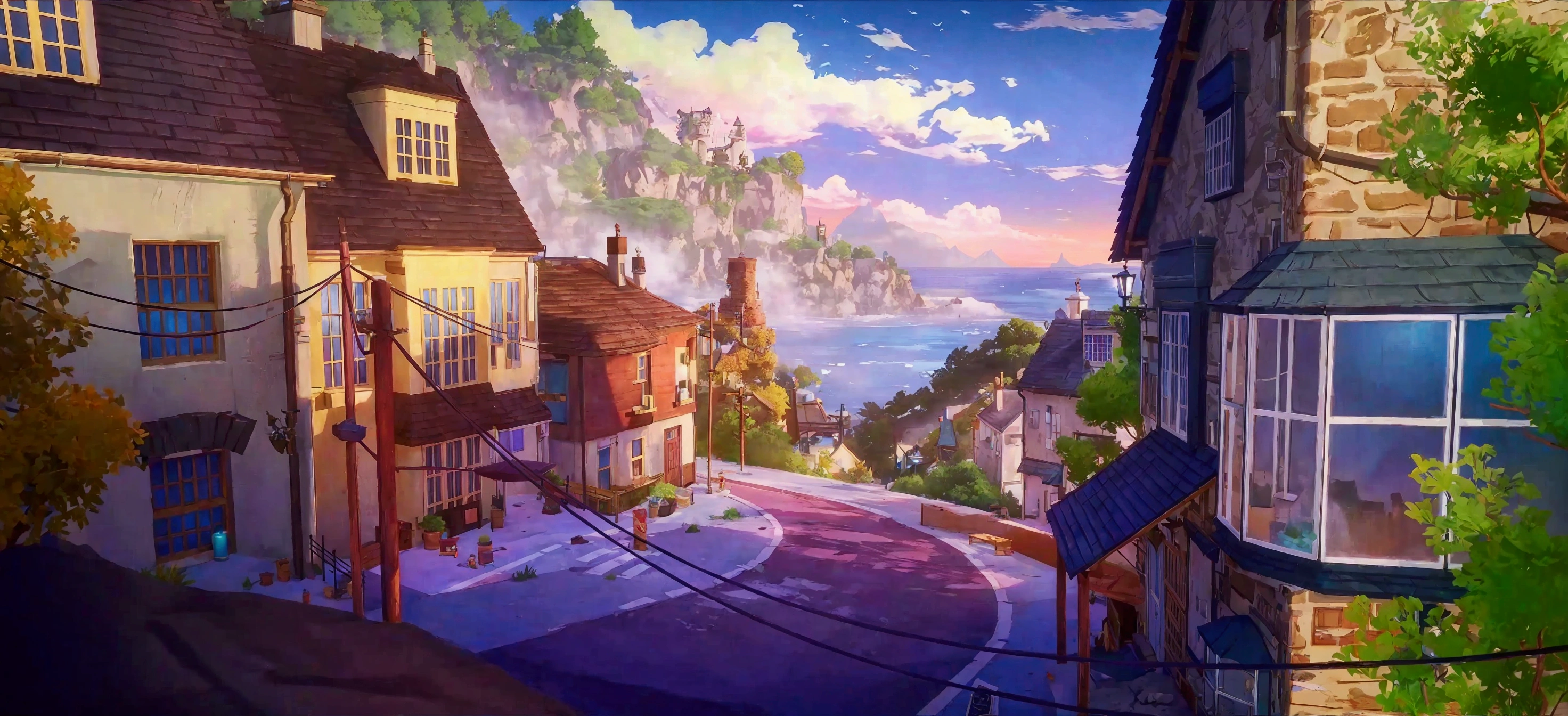 An anime scene of a street， There are mountains and islands full of books in the distance，Distant islands ，Sunset，  Stylized Conceptual Art , anime Background Art,  2020 video game screenshot , Background Art,  Pixar movie setting,  Town Background  ,  style is similar to the realistic style of Fortnite games ,   anime landscape concept art , Relaxation concept map , colorful Anime movie background, unreal engine ;  Romantic Theme ,  Animal City conceptual art 