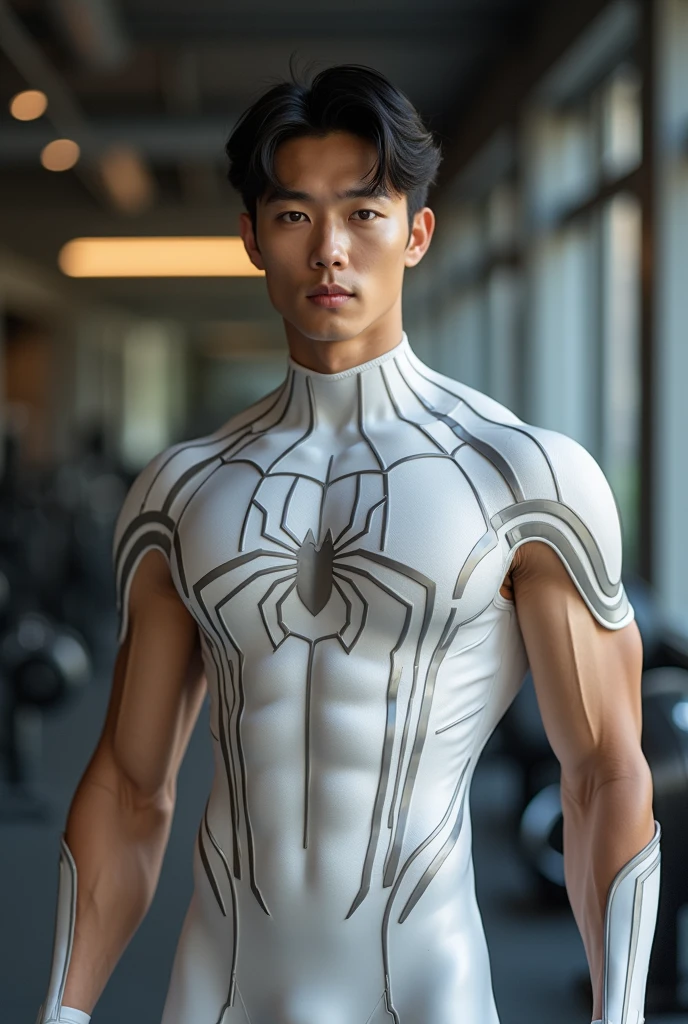 (masutepiece,High resolution,ultra - detailed:1.0),1(Boy,Robot Boy),Perfect male body,Look at the camera,Delicate eyes and delicate face,extremely details CG,Unity 8k壁纸,intricate-detail,solo person,Detailed face, (Futuristic skin-perfect white bodysuit), Best Quality, hands visible, (White Gloves), Beautiful and delicate blue short hair:1.5 , full length shot(fls) , big thighs , big hips , insane details, hyper details , photorealistic  , only male , handsome boy , fat buttock  , puffy nipples