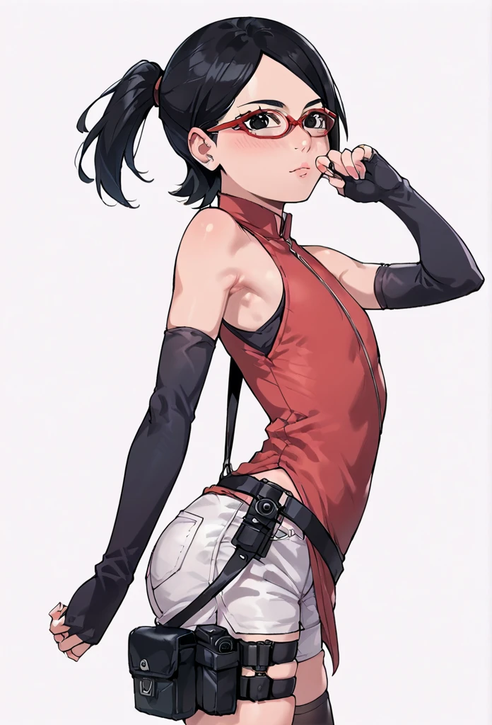 score_9_up, score_8_up, score_7_up, score_6_up, score_5_up, score_4_up, ,zPDXL2, solo, rating_questioablr, perfect face, perfect eyes, BBC_Chan Style, Sarada Uchiha, solo, 1girl, black hair, short hair, red-framed eyewear, glasses, black eyes,red dress, sleeveless, elbow gloves, black gloves, fingerless gloves, white shorts, black thighhighs, thigh holster, flat chest, round butt, side view, confidient pose, seductive facial expression, she was looking up at camera, she was tying her hair ponytail with both hand, armpit, blushing face, she want me to fuck her