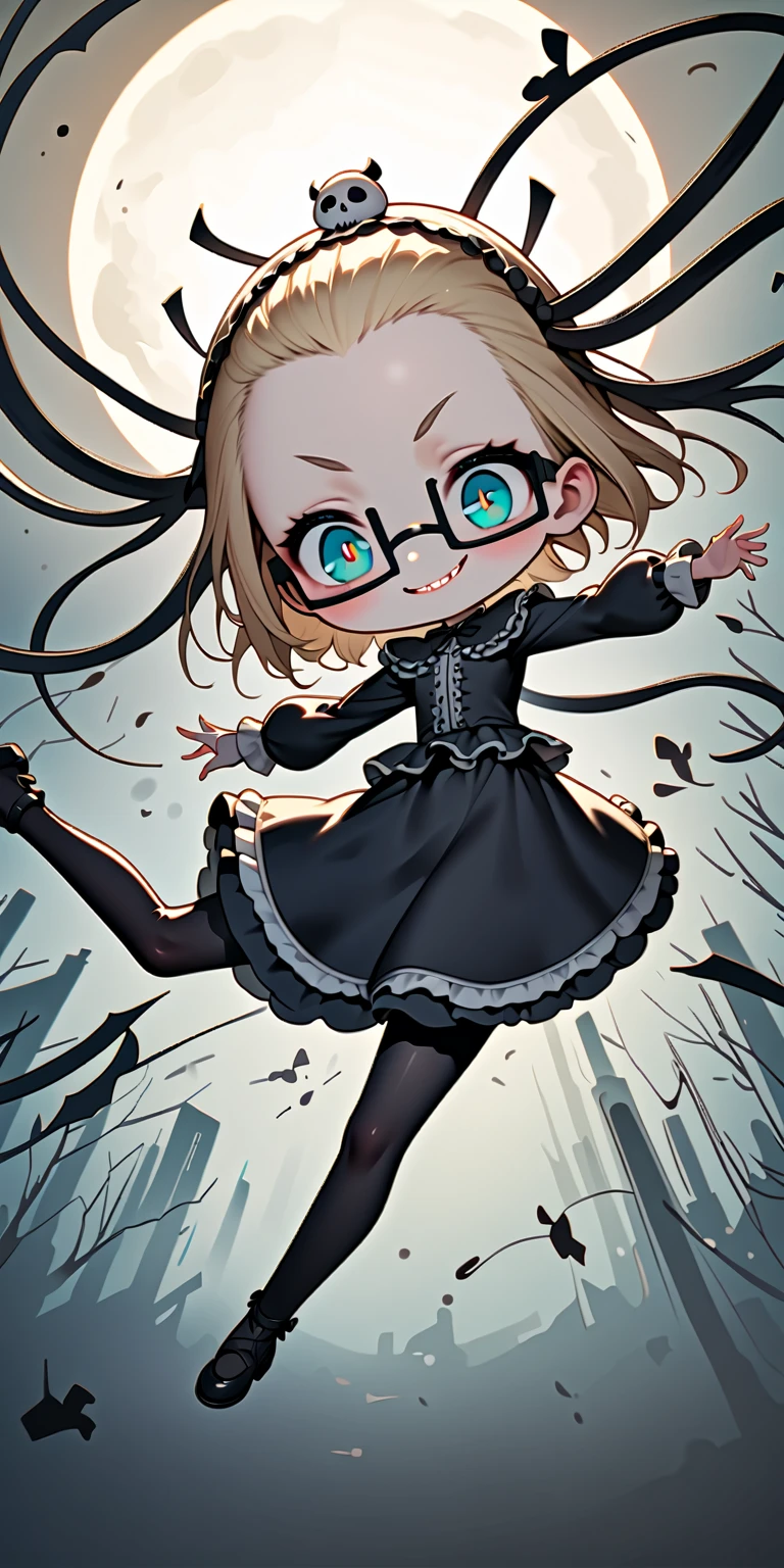 solo,1girl\(skinny,flat chest, short height,(shiny forehead),short (Slicked back hair:1.3),Beautiful (blonde:1.3) hair,horn, (shiny blue eyes),detailed pupils,(black glasses\(brand\(nodoka\),square shape glasses\):1.3), (blue eyeshadow), thin eyebrows, thick black eyeliner, shiny eyes, long eyelash, cute, (upturned eyes:1.3), (short gothic-lolita dress\((very tight:1.2),(many ribbon) \):1.5), (evil smile:1.2), (dancing in sky),music notes, (flying in air:1.3),(body floating in air:1.3), full body, dynamic pose\). BREAK .background\(((skull shaped:1.2) moon),(white ice fairy:1.3), (snow falling:1.5)\),(cityscape:1.3),(dynamic angle:1.4),from below. BREAK .quality\(8k,wallpaper of extremely detailed CG unit, high resolution, top-quality, top-quality real texture skin, hyper realistic, increase the resolution, RAW photos, best quality, highly detailed, the wallpaper, golden ratio, high saturation realism, vibrant colors, dramatic lighting, persuasive storytelling, atmospheric scenery, captivating visuals, intricate details, strong emotions, dreamlike world\)