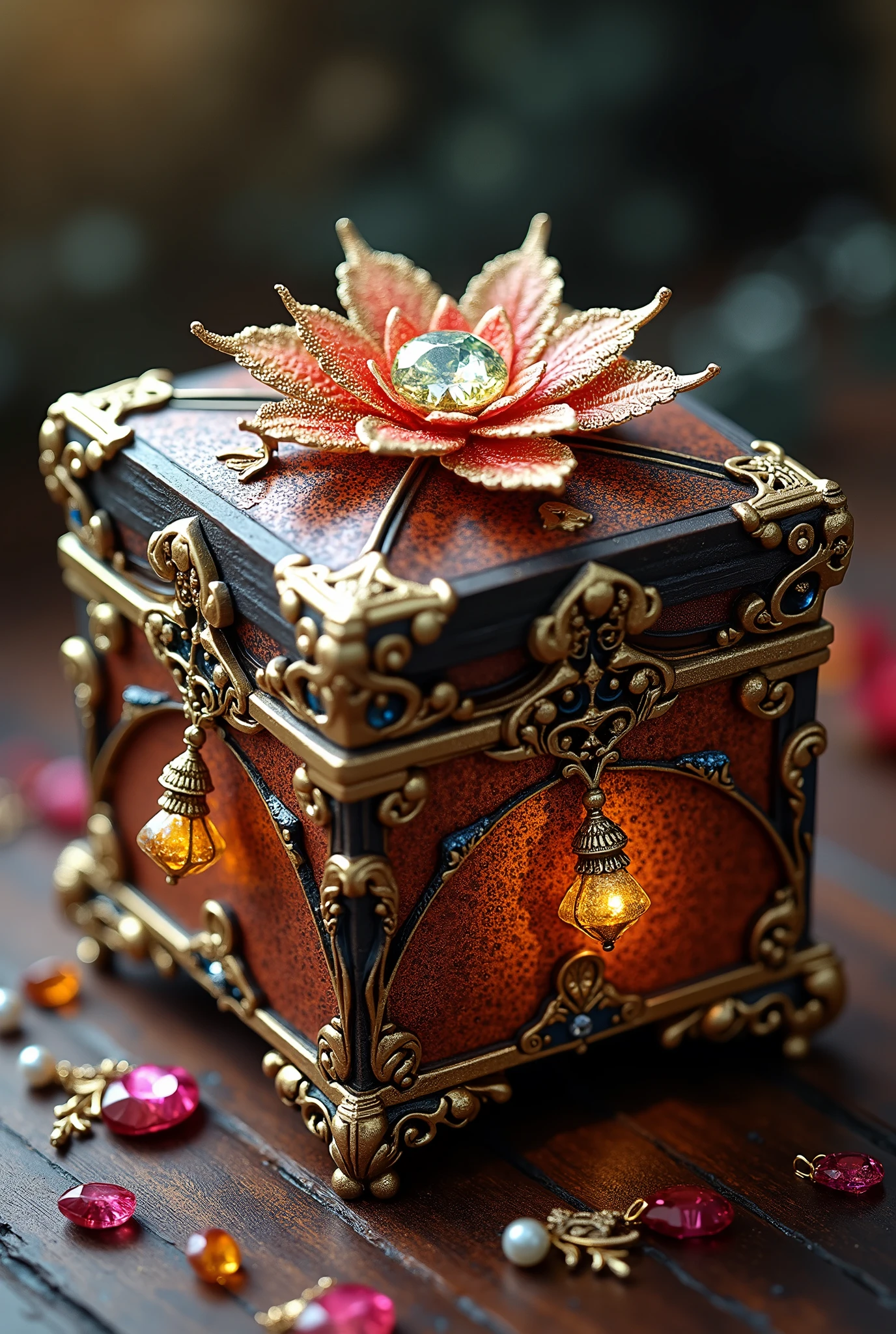  beautiful colors ,  Square Casket with Wood Patterns on the edges and various gold diamond jewelry , rubies and sapphires ,  Each leaf-shaped gem is attached to a box with flower patterns and vines in beautiful silver,  All patterns shimmer ,  box with the lid ajar and you can see Beautiful Pearl Beads with a small heart pendant , beautiful design,  masterpiece fails,  complex details ,  maximum detail,  better quality , 16K,  high definition ,  maximum quality , fantasy, Fantasy,