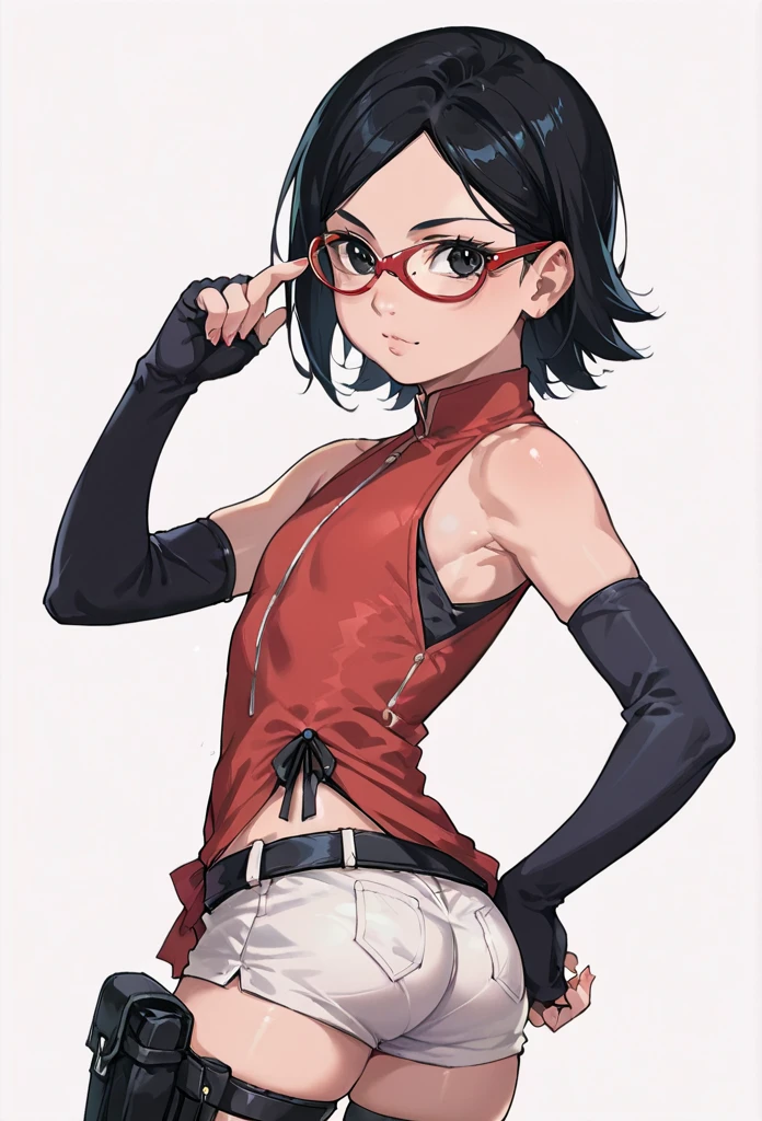 score_9_up, score_8_up, score_7_up, score_6_up, score_5_up, score_4_up, ,zPDXL2, solo, rating_questioablr, perfect face, perfect eyes, BBC_Chan Style, Sarada Uchiha, solo, 1girl, black hair, short hair, red-framed eyewear, glasses, black eyes,red dress, sleeveless, elbow gloves, black gloves, fingerless gloves, white shorts, black thighhighs, thigh holster, flat chest, round butt, top view, confidient pose