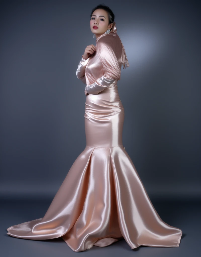 An asian woman in glamorous mermaid evening dress, long ballon sleeve bolero, long satin scarf wrapped around her arms, wear jewellery, wear modern satin hijab, entirety of fabric over dress about 7 meters in length trailing dramatically, glamours style, overlong dress train, extreme detail on the texture of the fabric, sexy random pose in studio, dramatic lighting, ultra realistic, high-resolution photography.