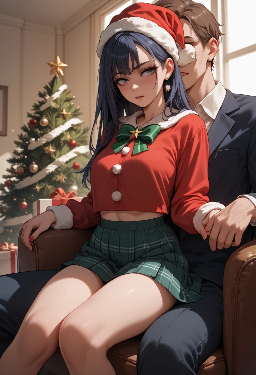 1boys, Man,Male pervert, Short hair, Black hair,Collar,Facial, leg loops,Soft bed,Bedroom,christmas，giftow knot，Highest image quality，超高分辨率，tmasterpiece，