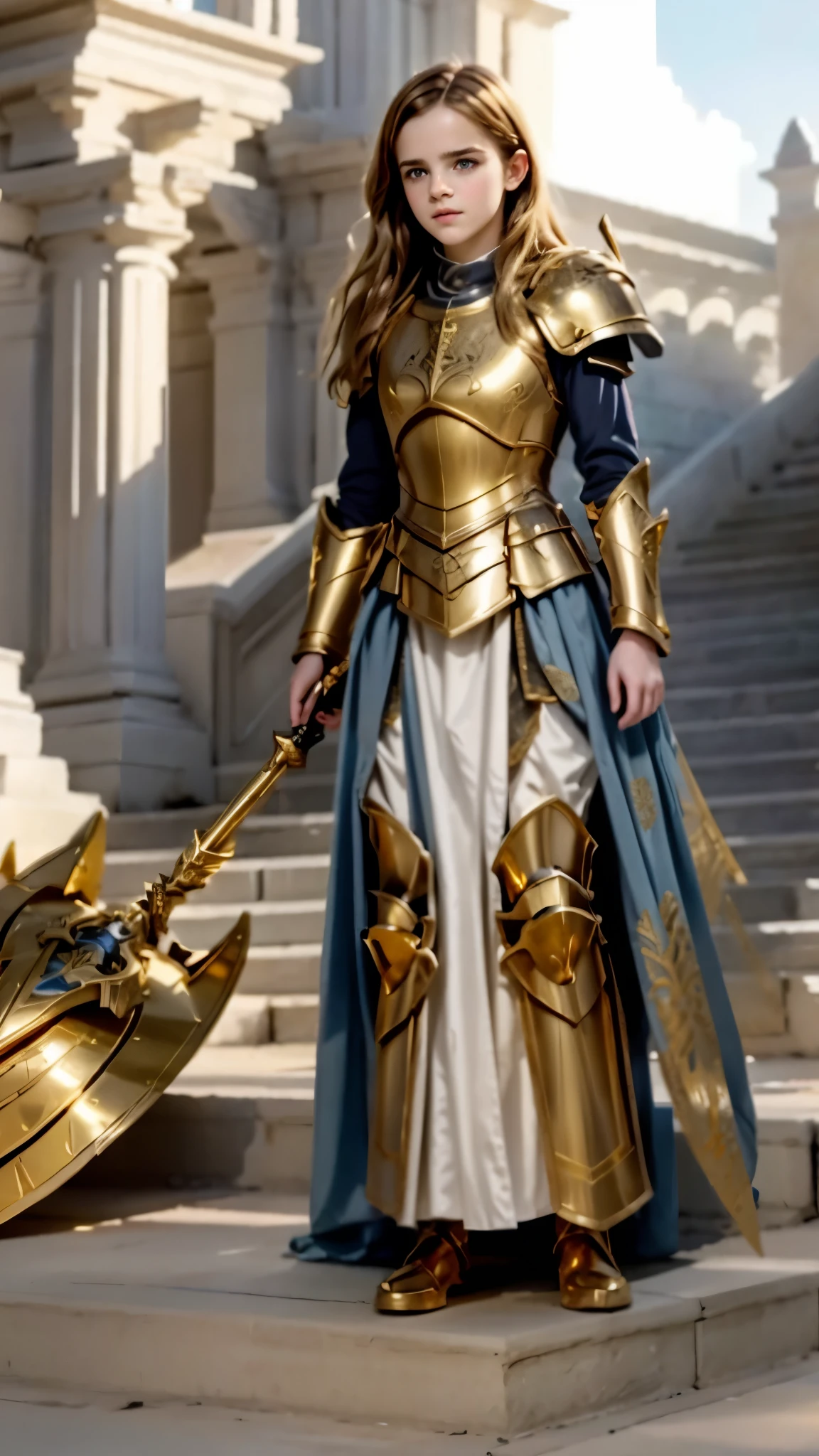  arafed knight in full armor standing before a fire,  golden paladin armor , picture of female champion, epic Paladin Armor, Golden clothes, light gold armor, Angelic Golden Armor , female champion, gold paladin, Paladin Armor, elegant golden armor , shiny golden armor, gorgeous female champion,  wearing gold armor, engraved golden armor,hermione_Granger_Emma_Watson-4400