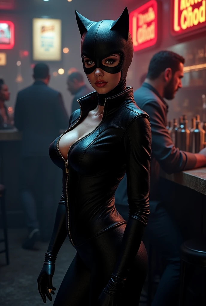 FULL BODY. BIG BOOBS. CATWOMAN FROM DC COMICS. PHOTO REALISTIC, ABSURD 8K RESOLUTION, INCREDIBLY DETAILED SKIN AND EYES. SEDUCTIVES POSES, NIGHT CLUB BACKGROUND
